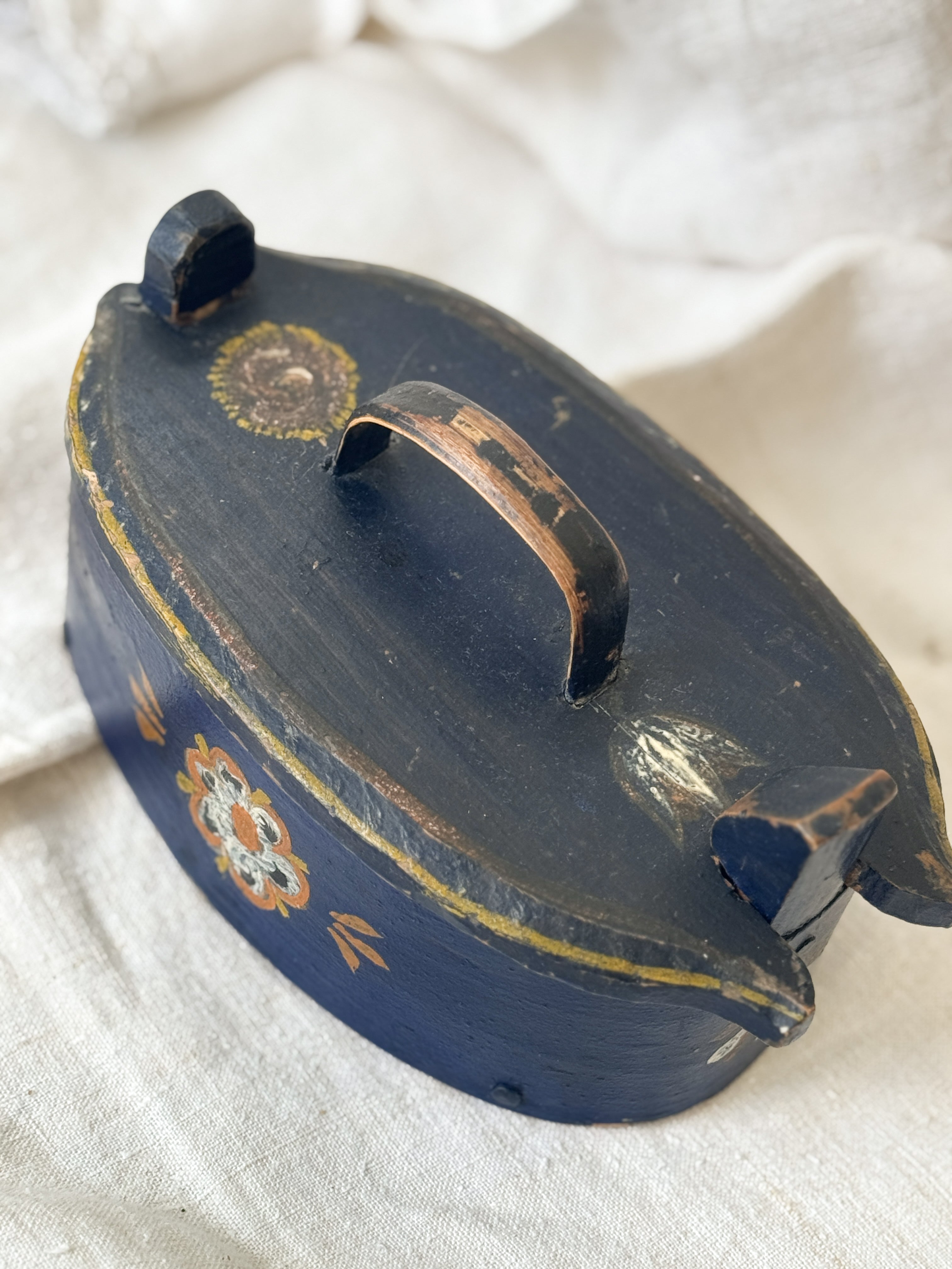 Antique Norwegian Tine (Bentwood Box), Blue Painted with Rosemaling, Dated 1902