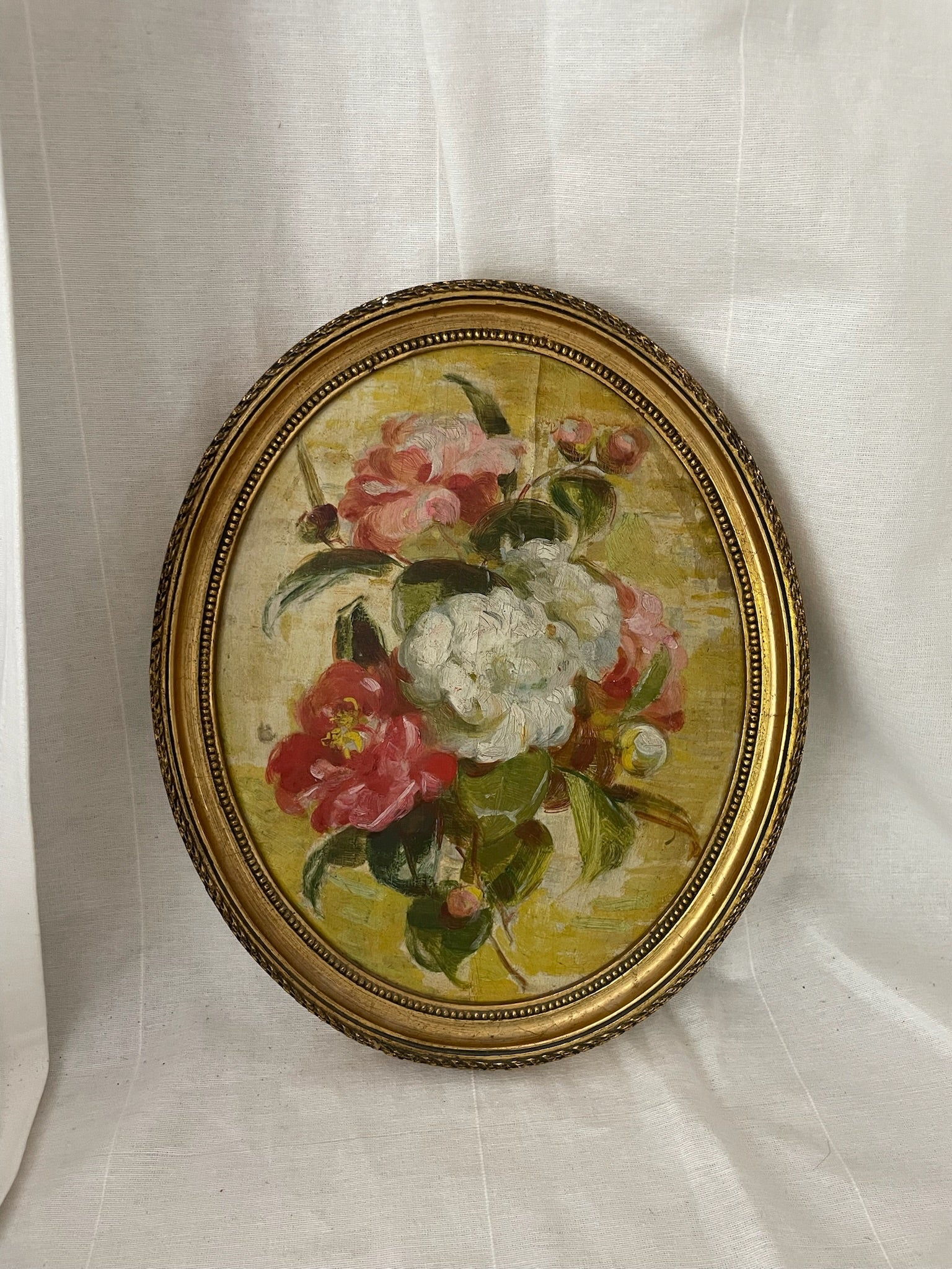 Early 20th c Oil on Canvas Floral Still Life in Oval Frame