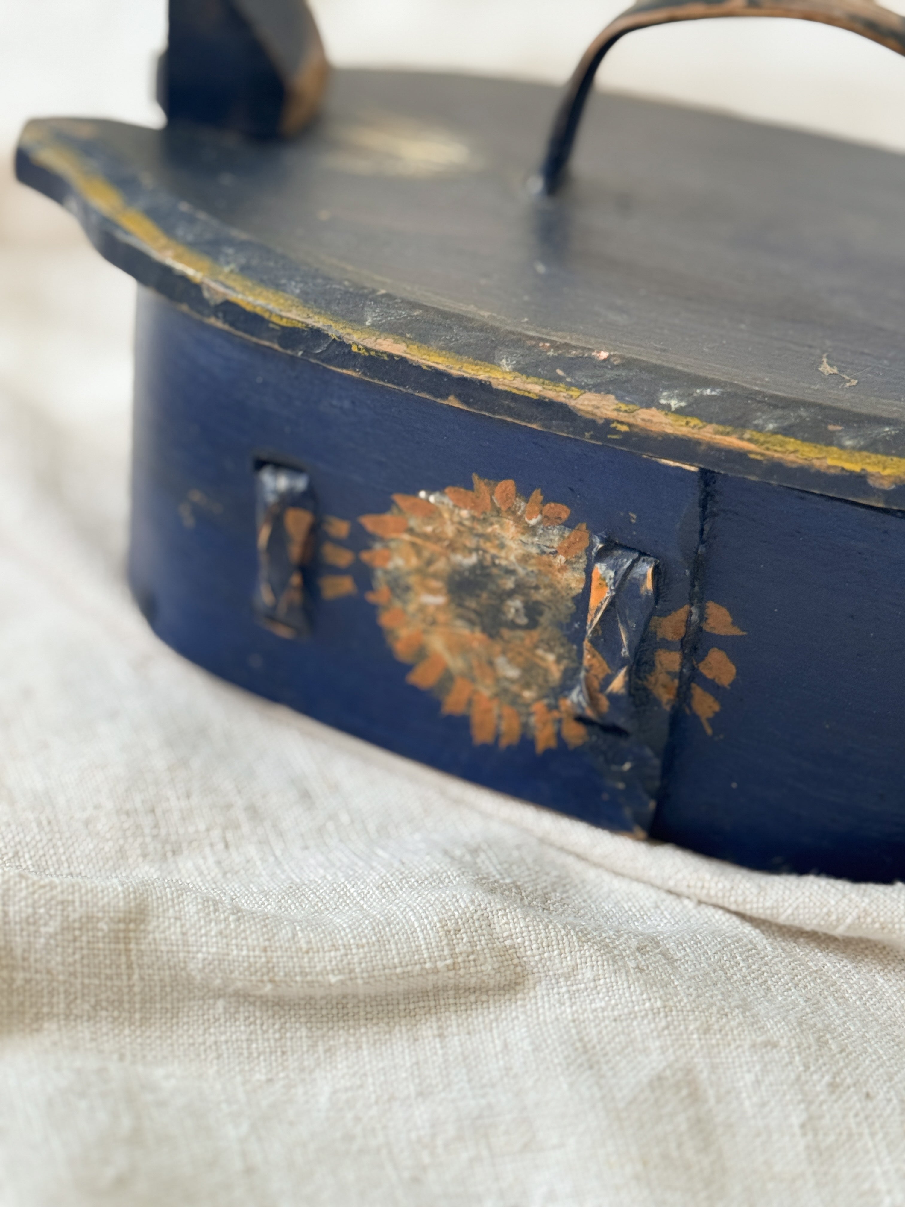 Antique Norwegian Tine (Bentwood Box), Blue Painted with Rosemaling, Dated 1902