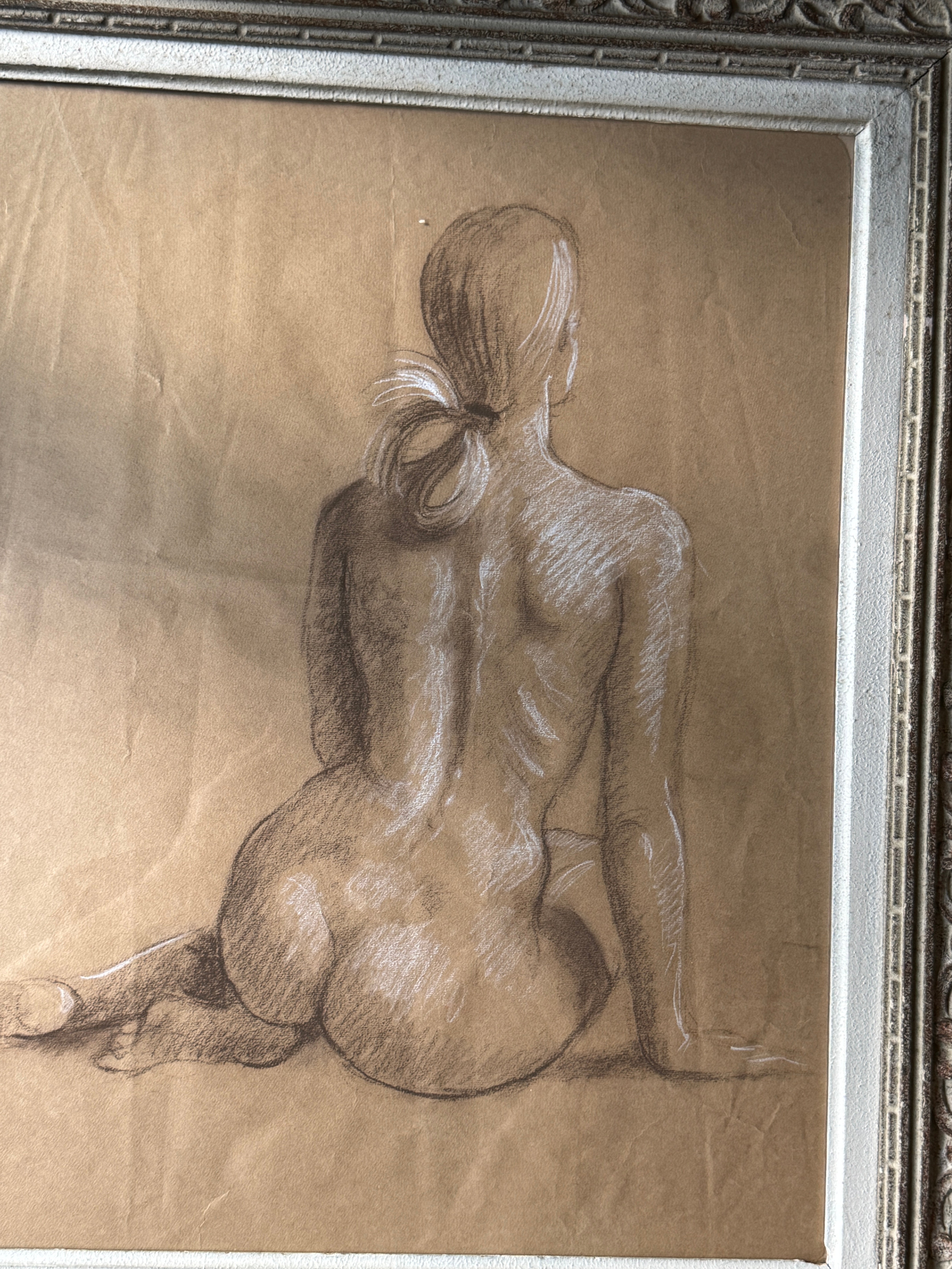 Mid Century French Nude Study, Charcoal Heightened with White, Silvered Montparnasse Frame