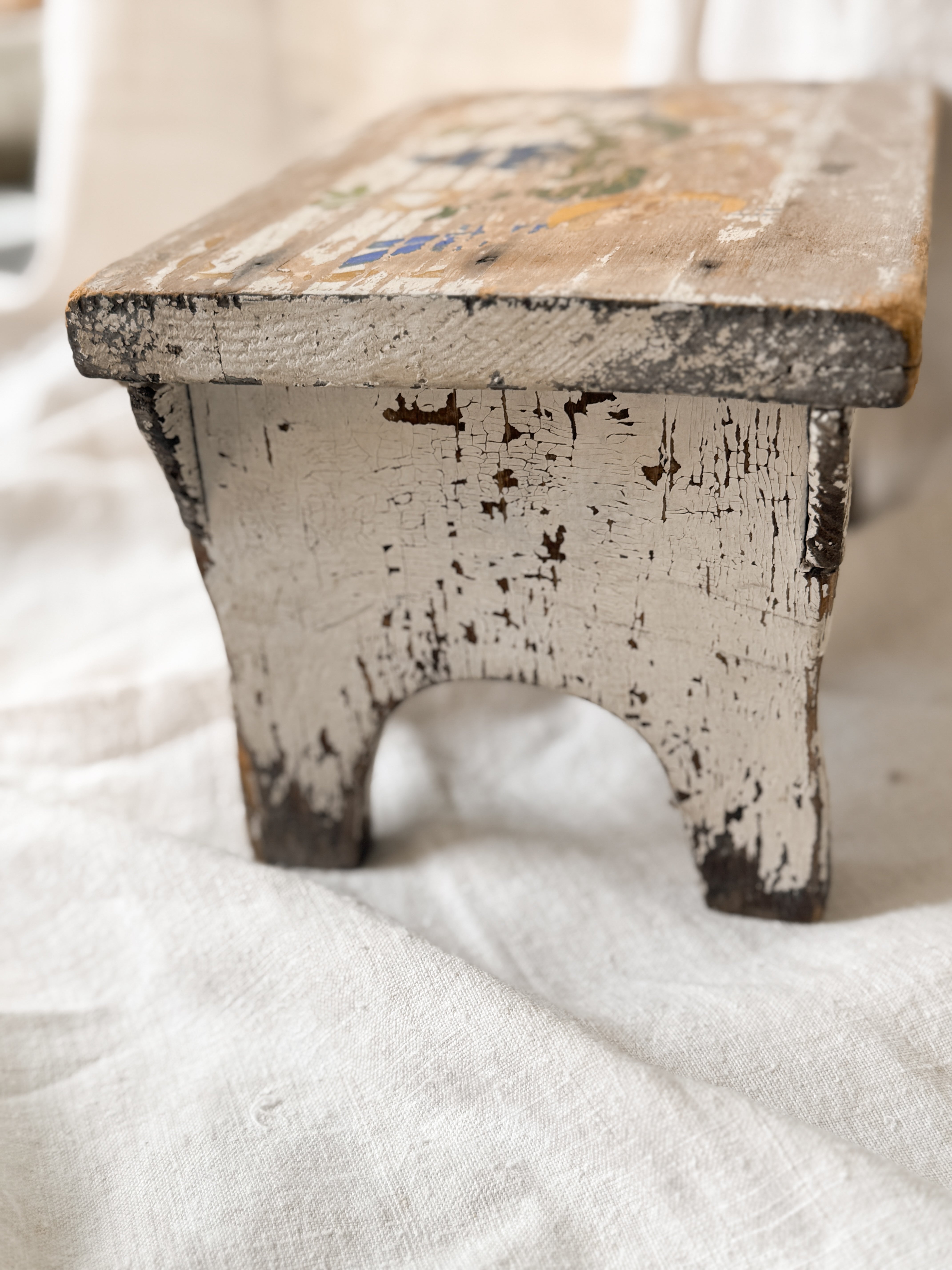 Antique Painted Wood Footstool, Bird and Urn Motif, Worn White Paint