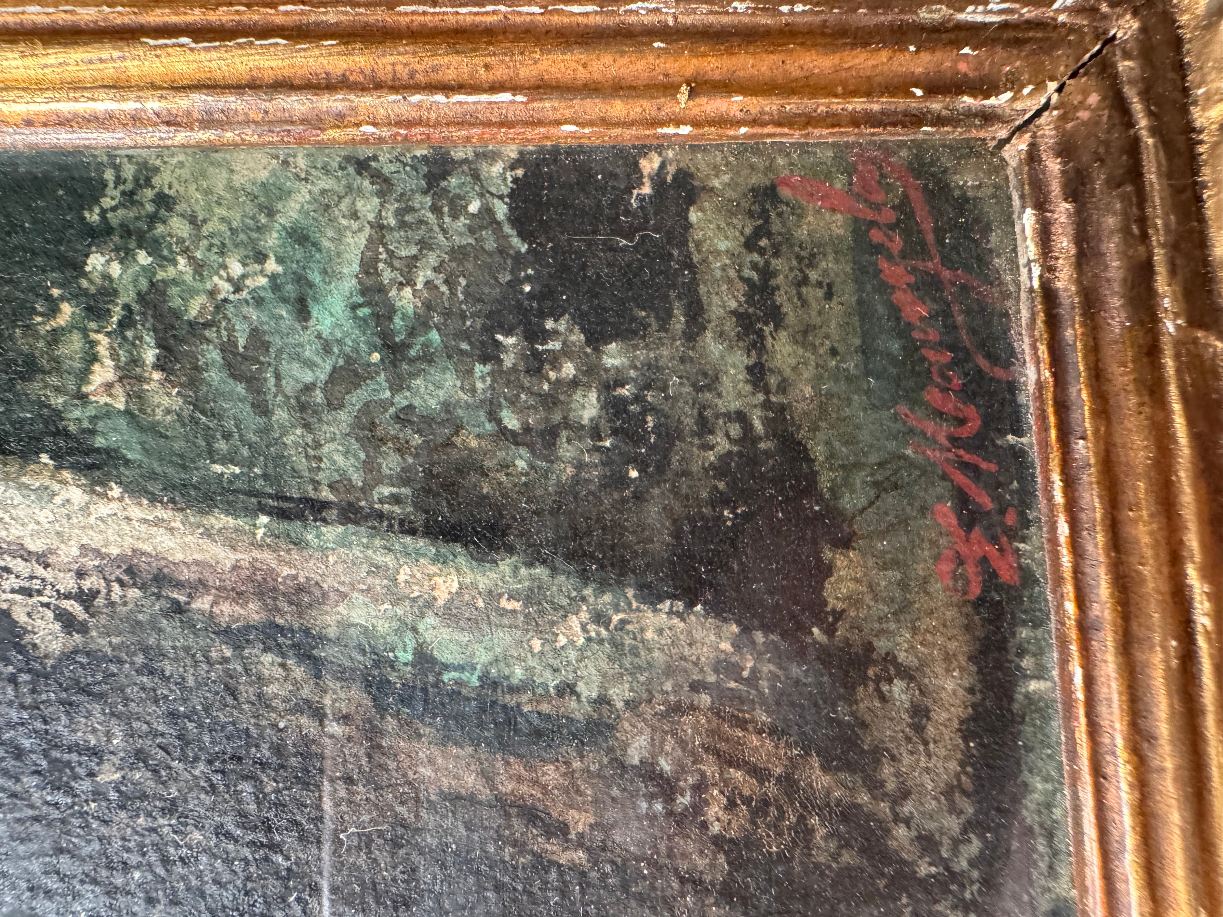 Antique framed forest path watercolor with original wavy glass