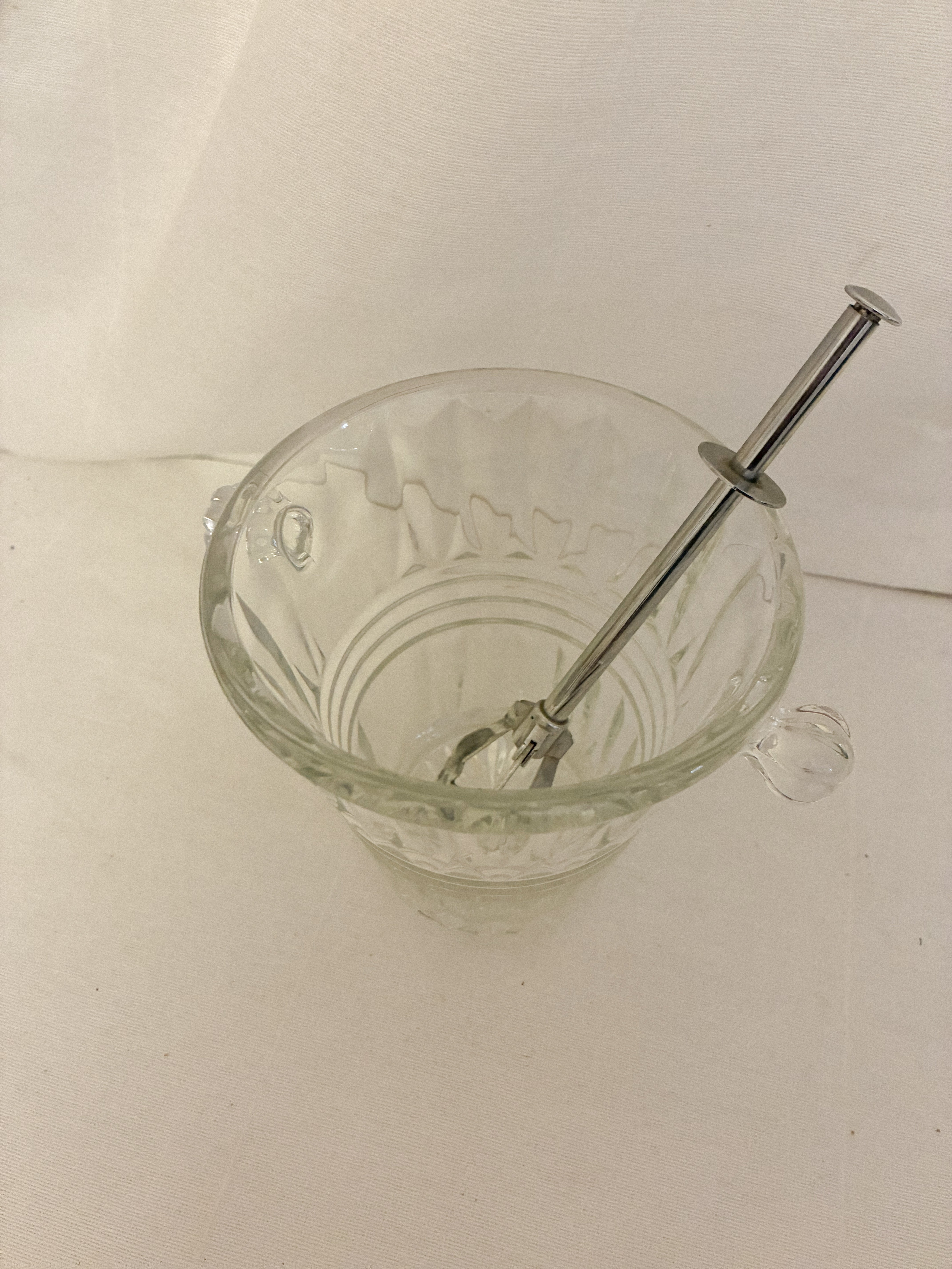 Antique French Crystal Ice Bucket with Spring-Loaded Ice Tongs