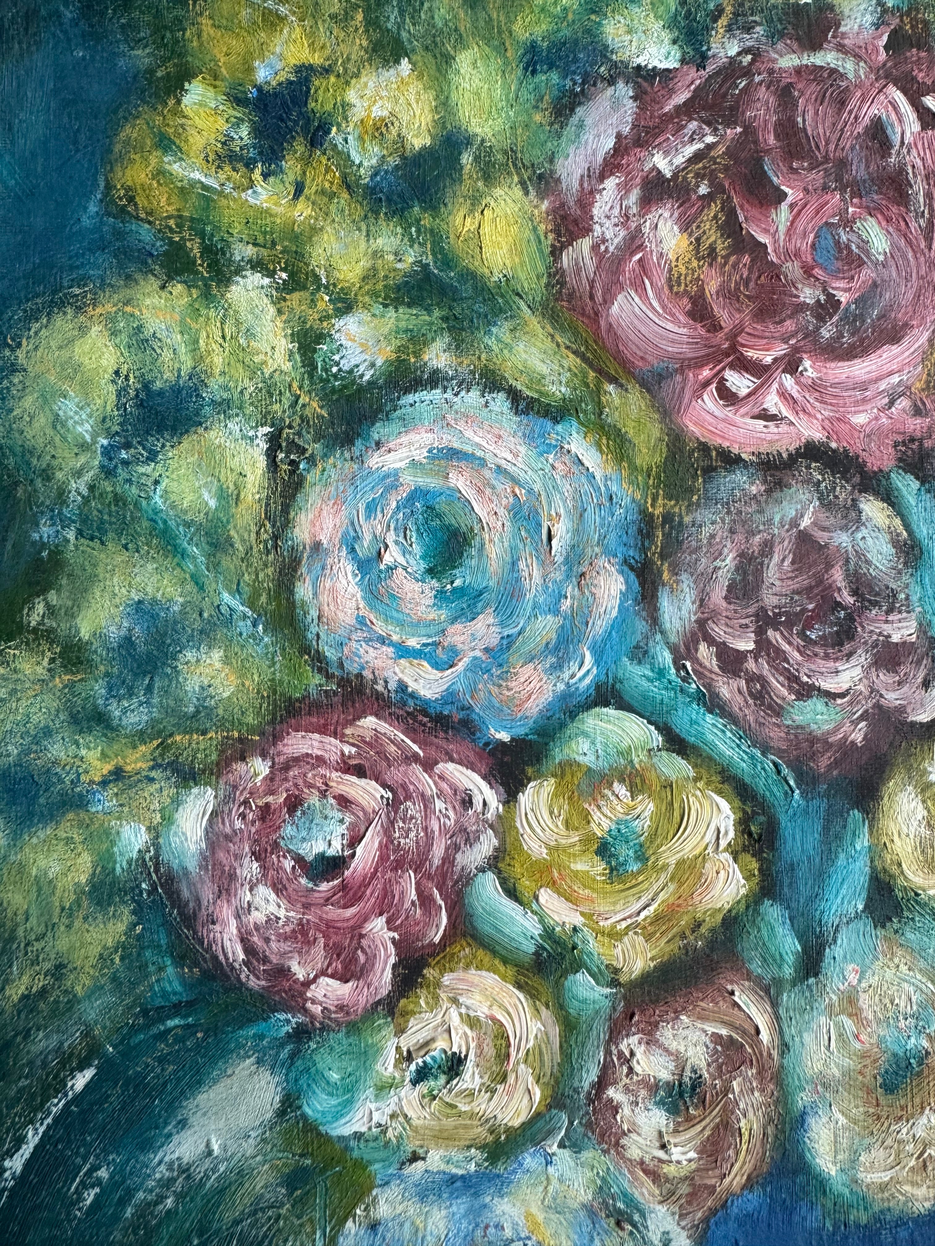 Oil Painting of Flowers in a Blue Vase