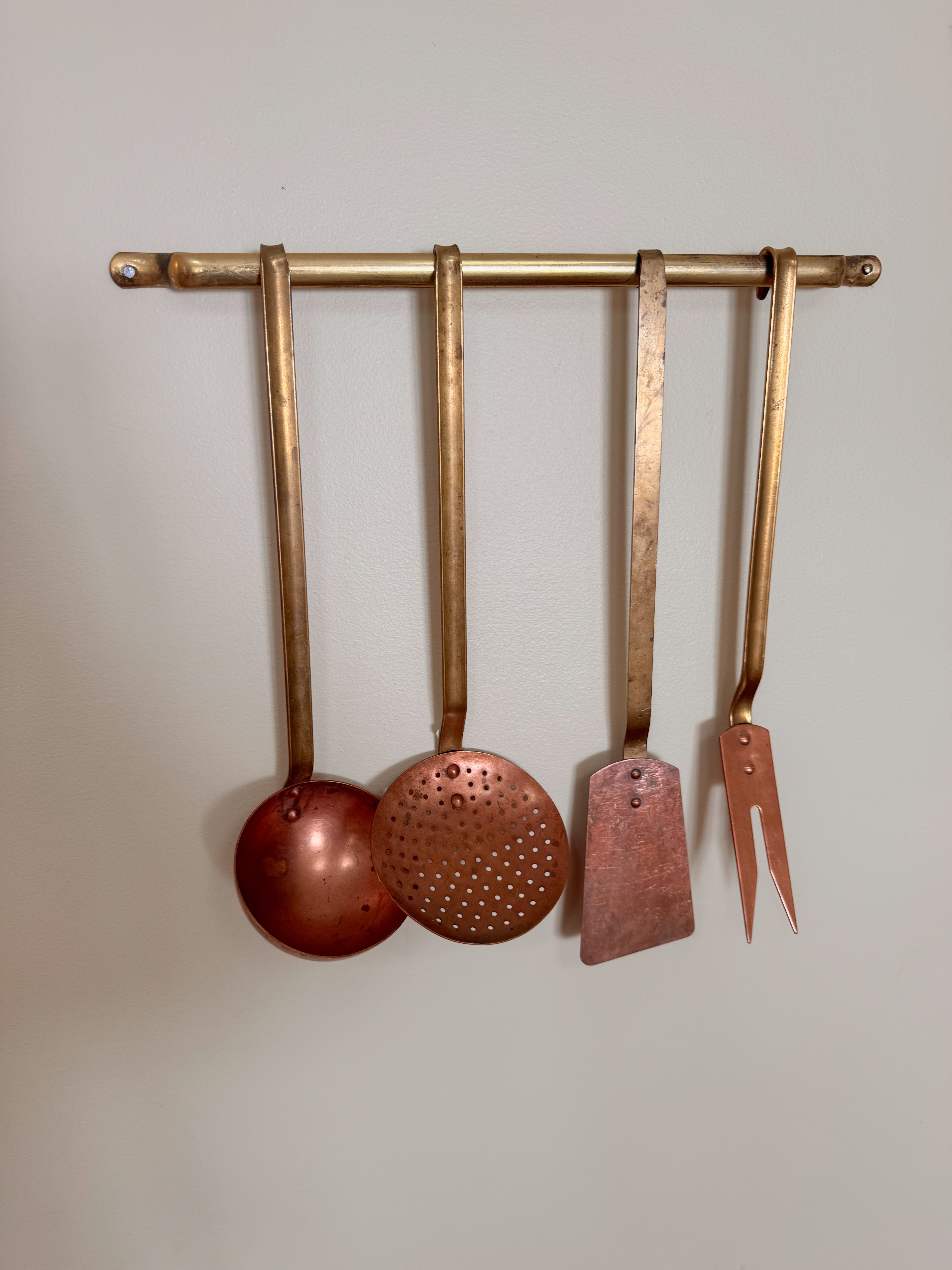 Antique French Brass & Copper Kitchen Utensil Set on Hanging Rack