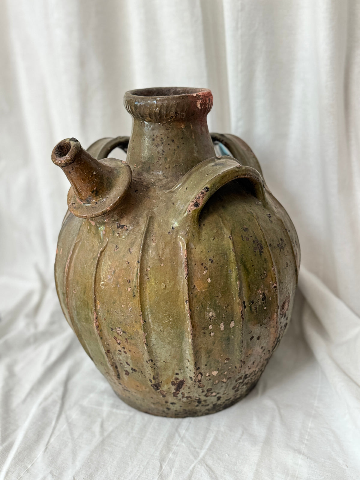 Antique French Walnut Oil Jug, Mélard à Bec, Green Glaze