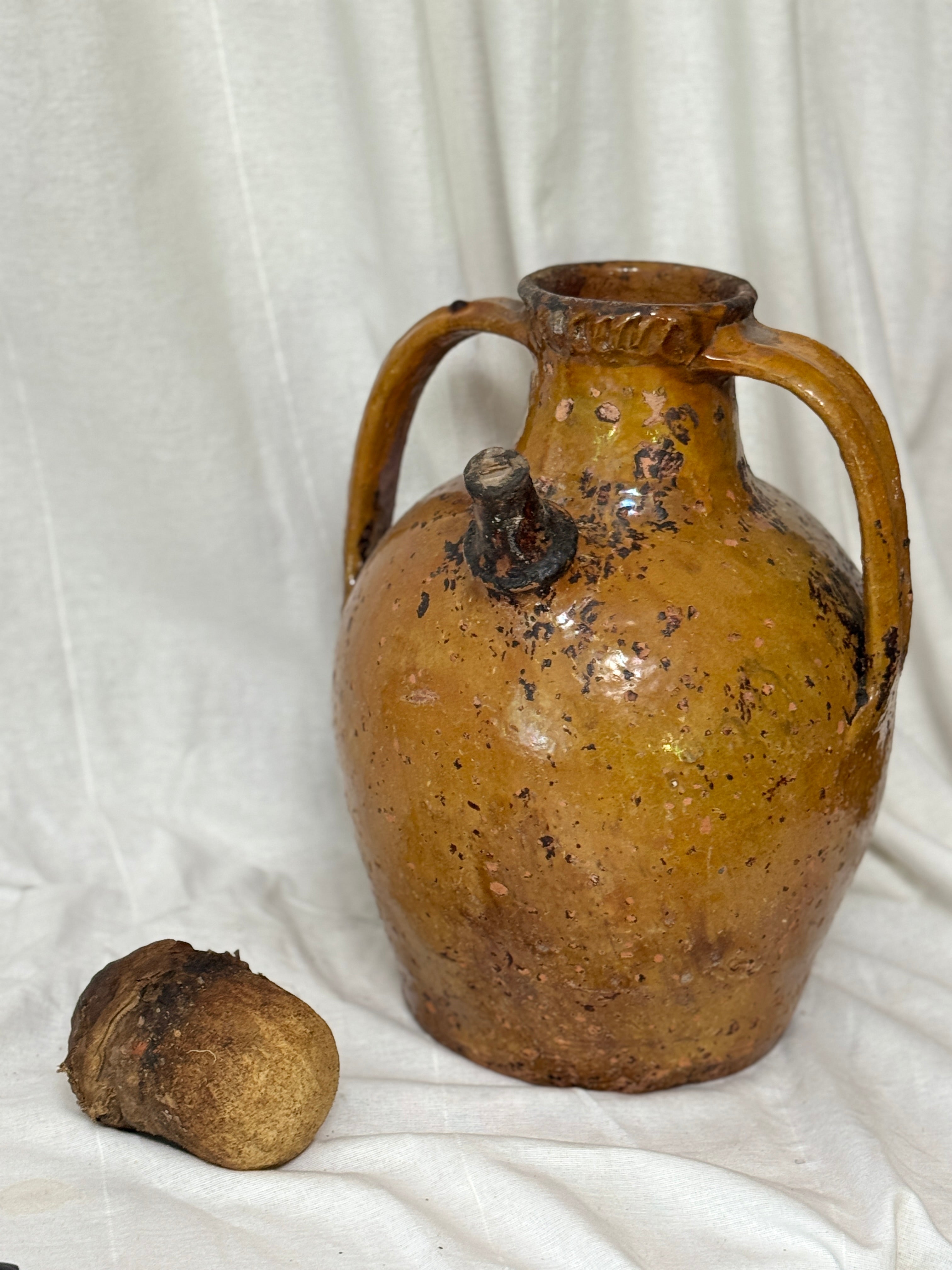 Antique French Walnut Oil Jug, Mélard à Bec, Original Stopper