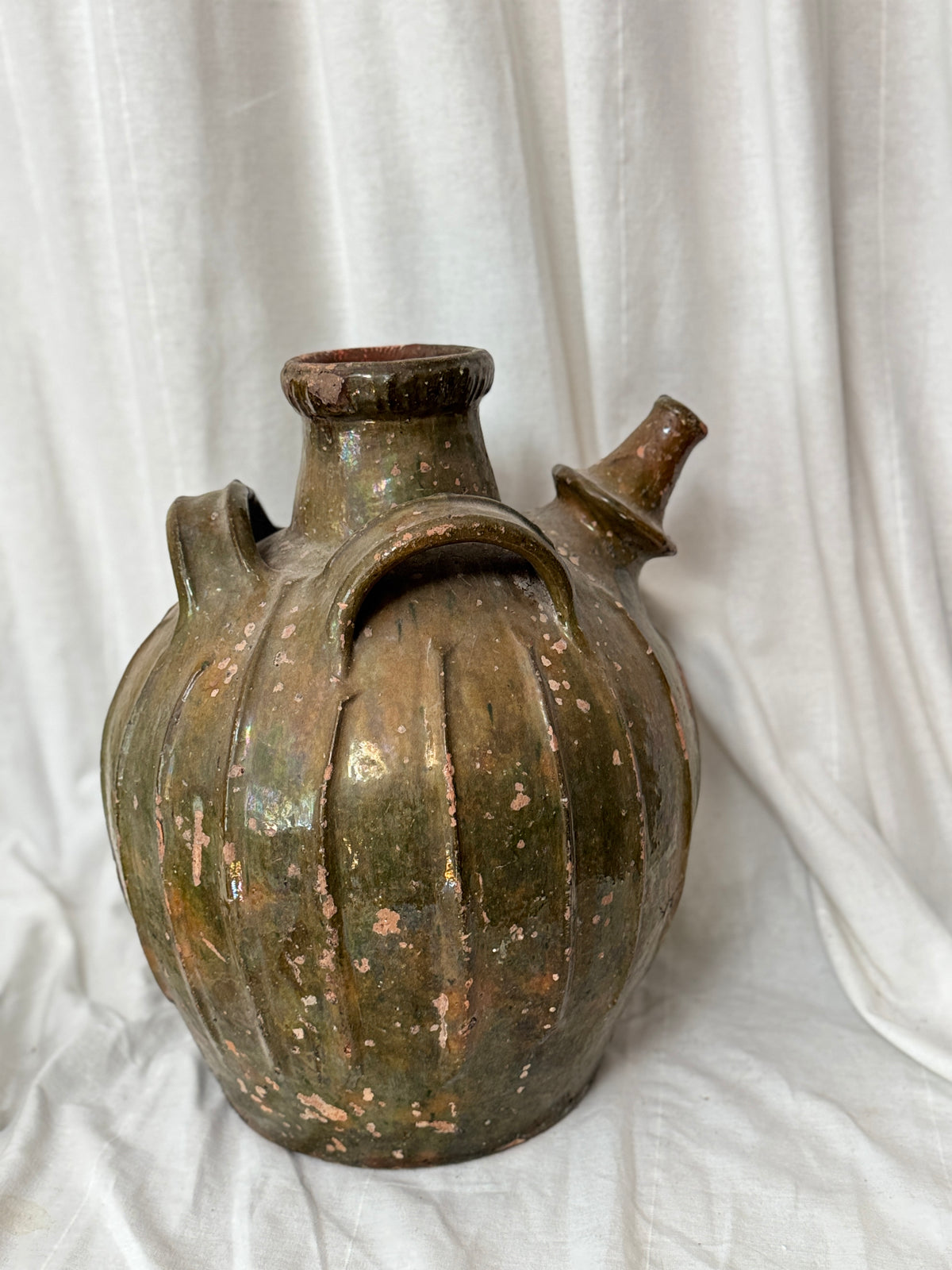 Antique French Walnut Oil Jug, Mélard à Bec, Green Glaze