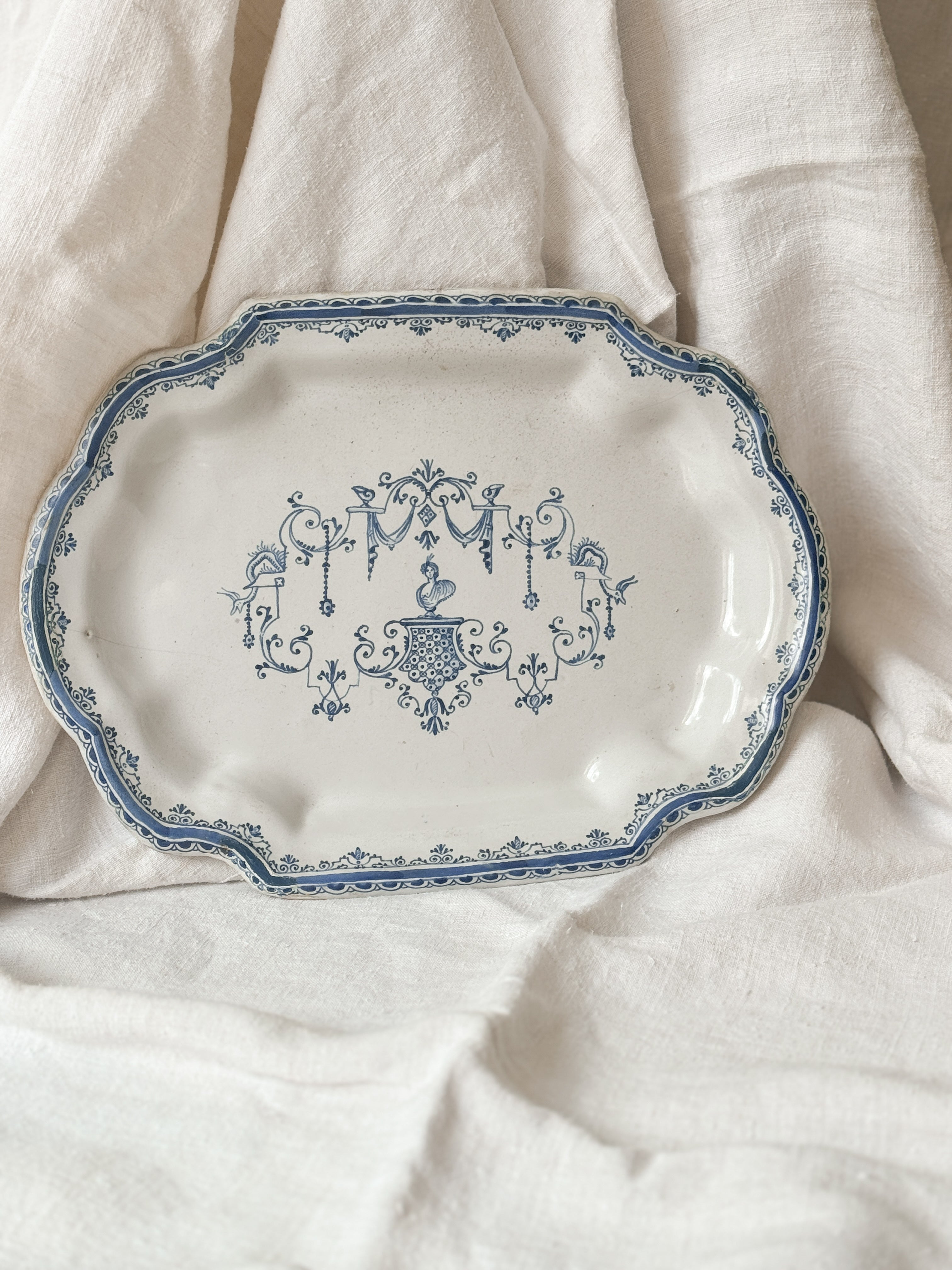 Antique French Faience Shaped Platter, Moustiers Style Bérain Decoration, 19th Century