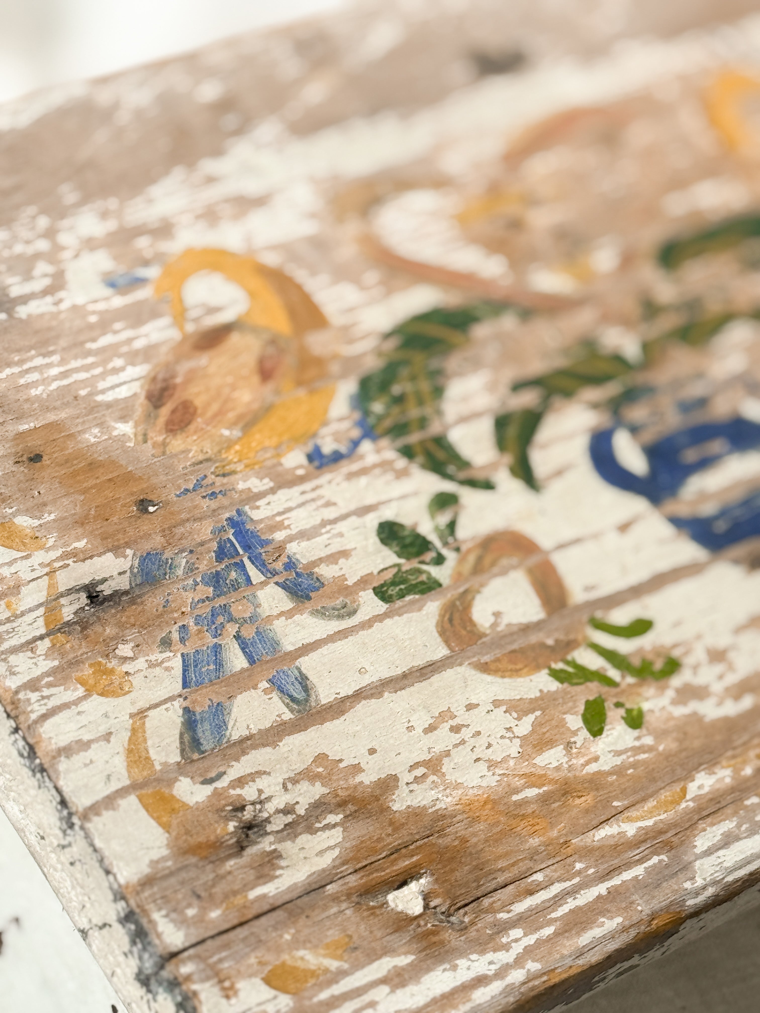Antique Painted Wood Footstool, Bird and Urn Motif, Worn White Paint