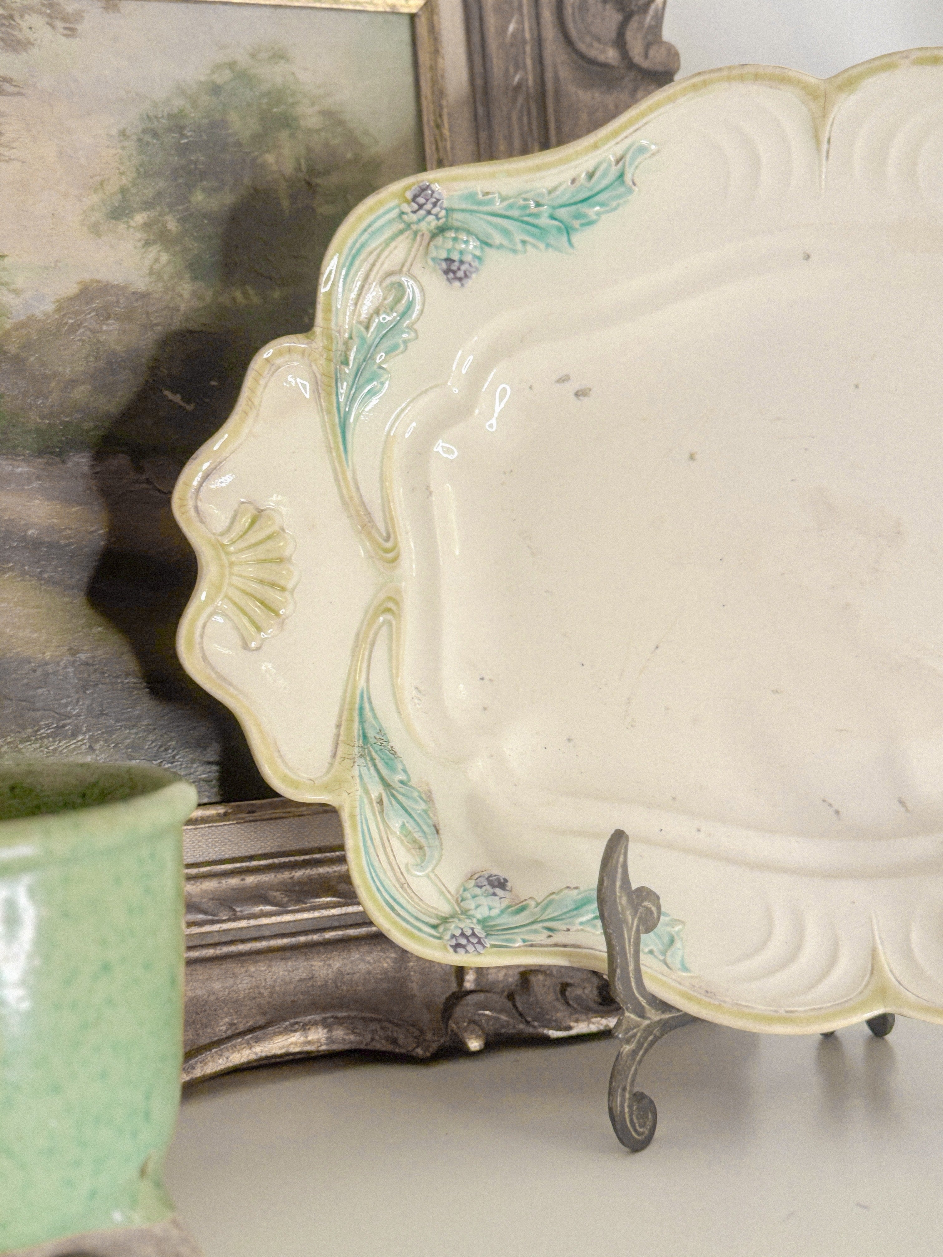 French Barbotine Asparagus Platter, Art Nouveau