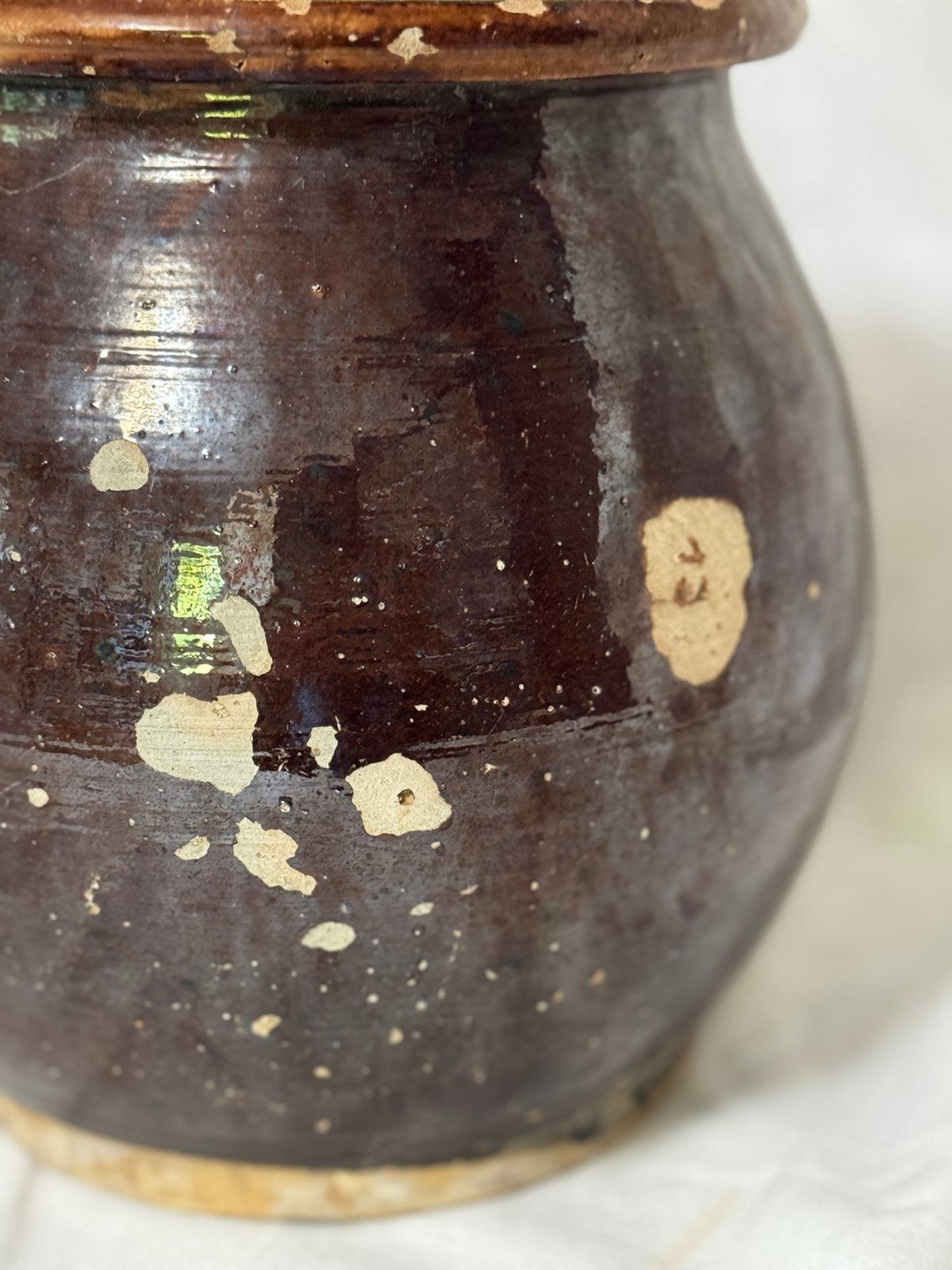 Antique French Dark Brown Glazed Earthenware Confit Pot with Strap Handle, 19th Century