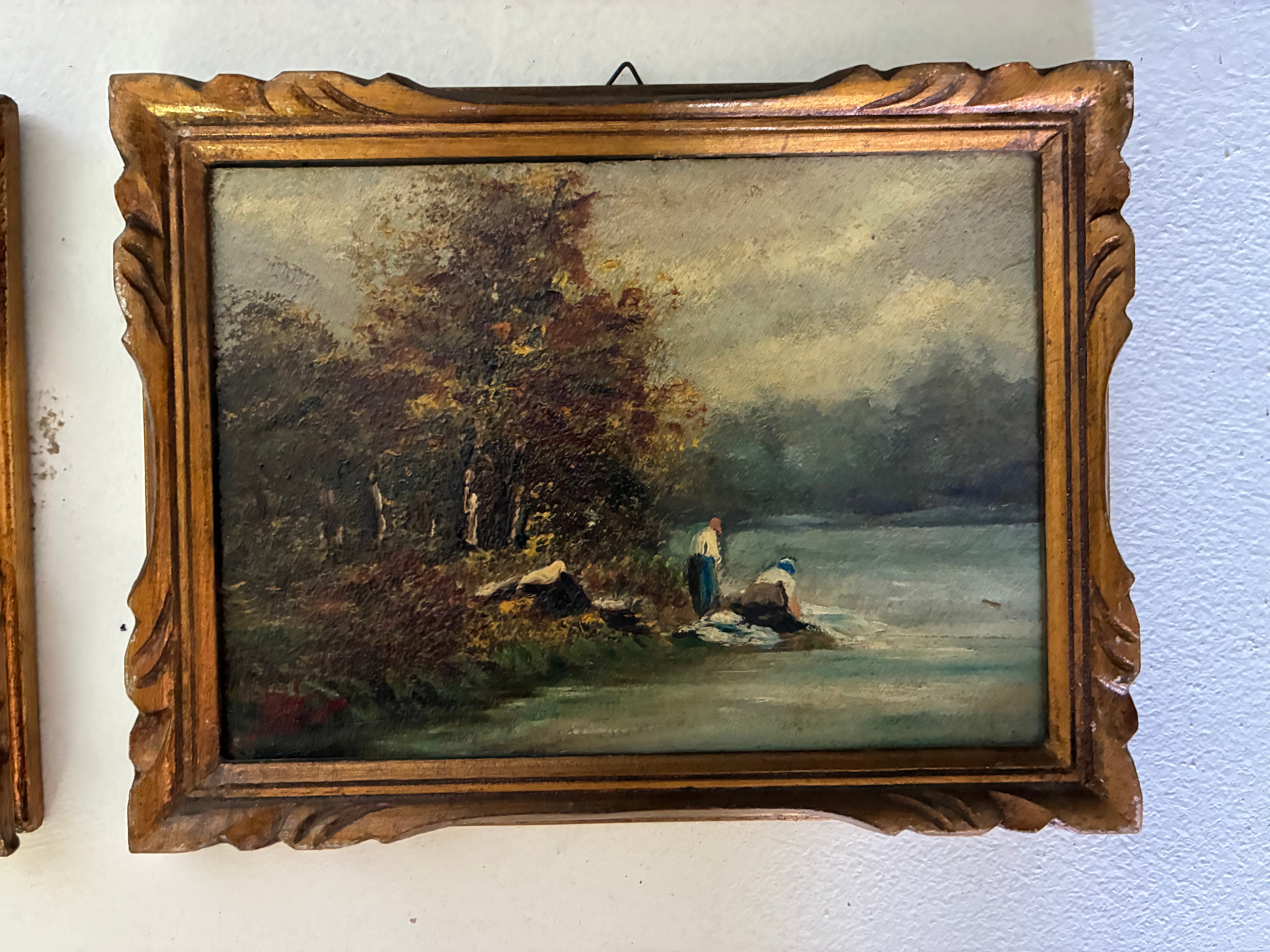 Antique Pair of Small French Oil Paintings, River and Forest Scenes, late 19th c.