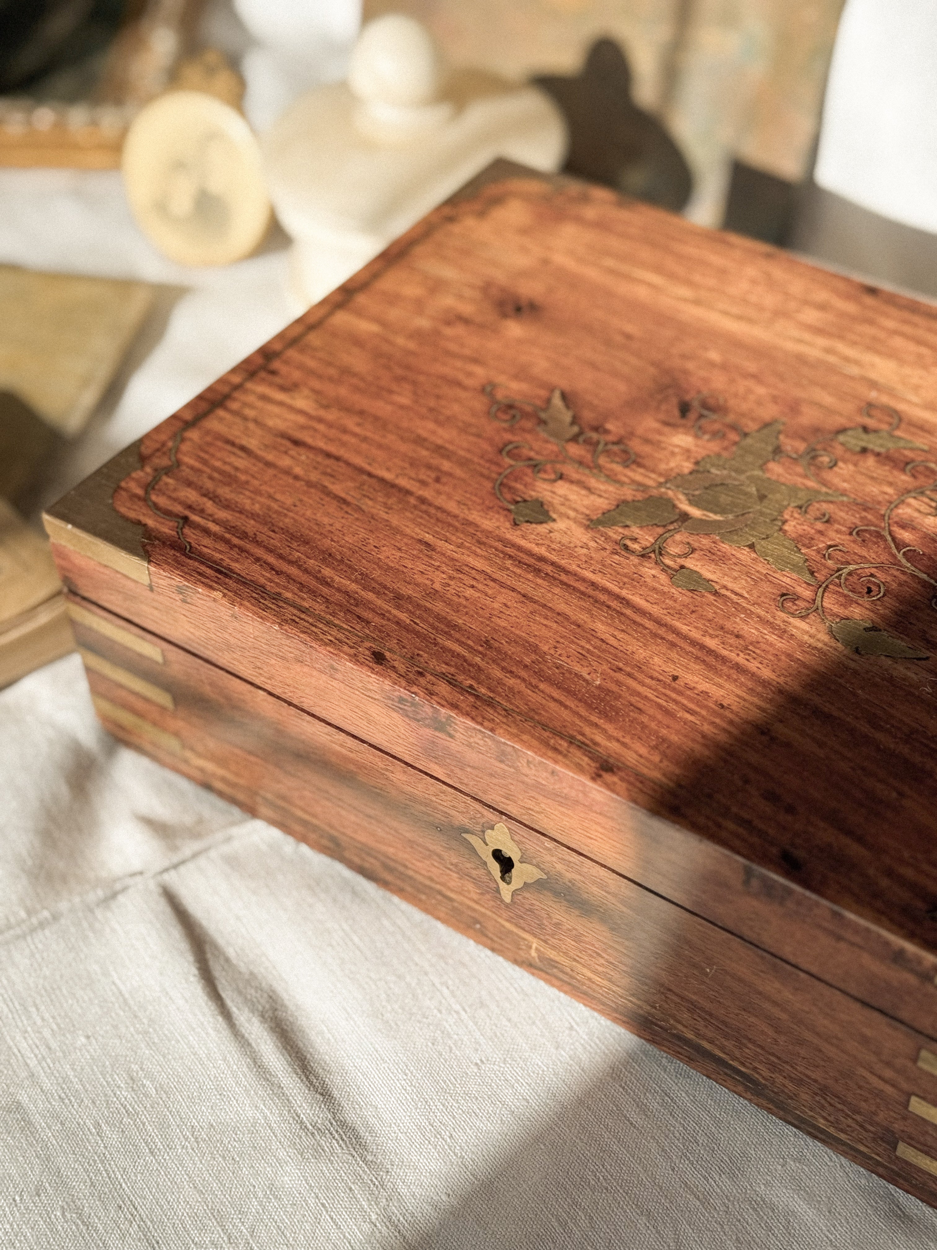 19th-Century English Campaign-Style Walnut Jewelry Box with Brass & Copper Inlay