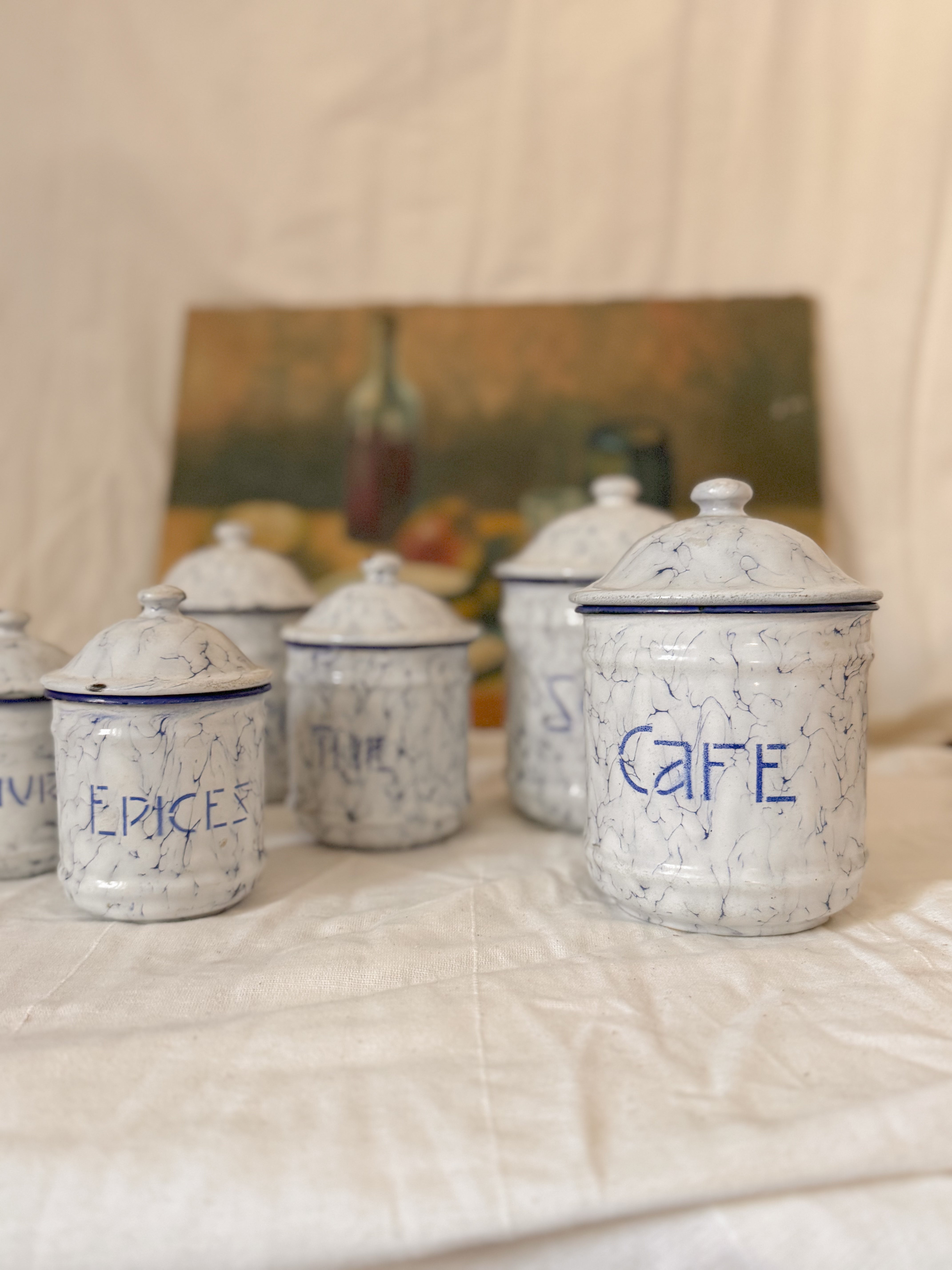 Set of French Blue & White Marbled Enamel Canisters