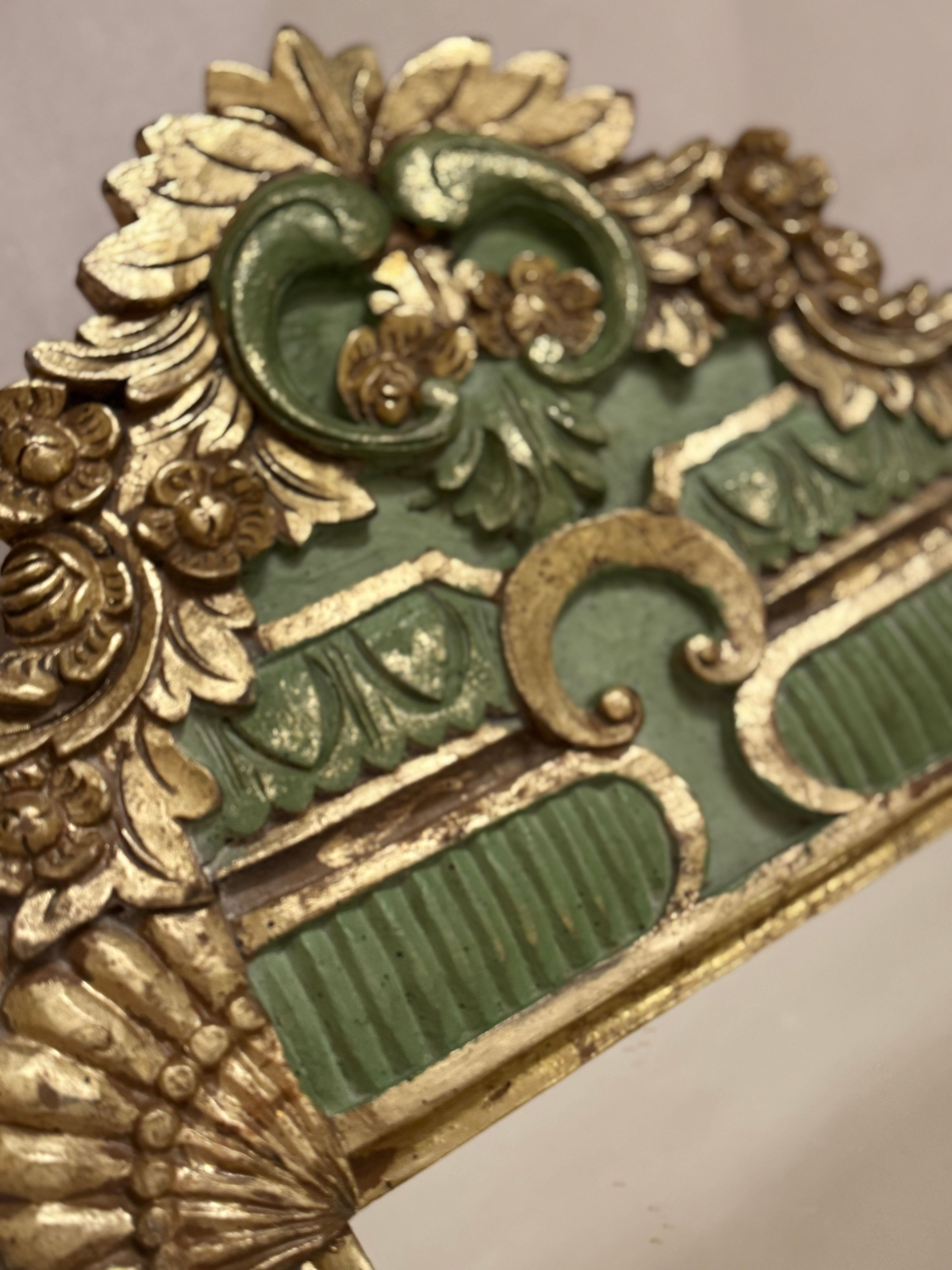 Antique Carved Green & Gilt Mirror with Floral Crest