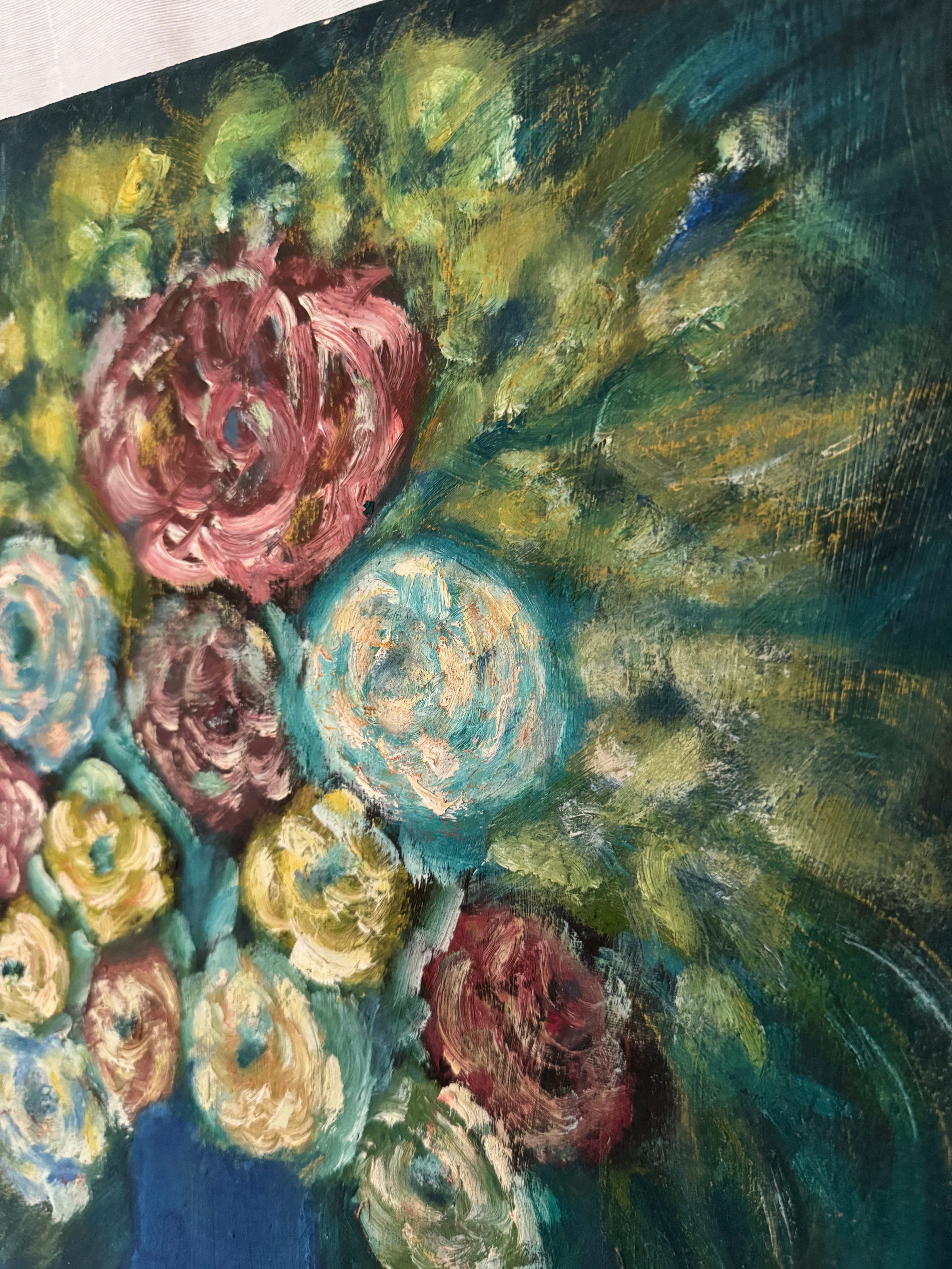 Oil Painting of Flowers in a Blue Vase