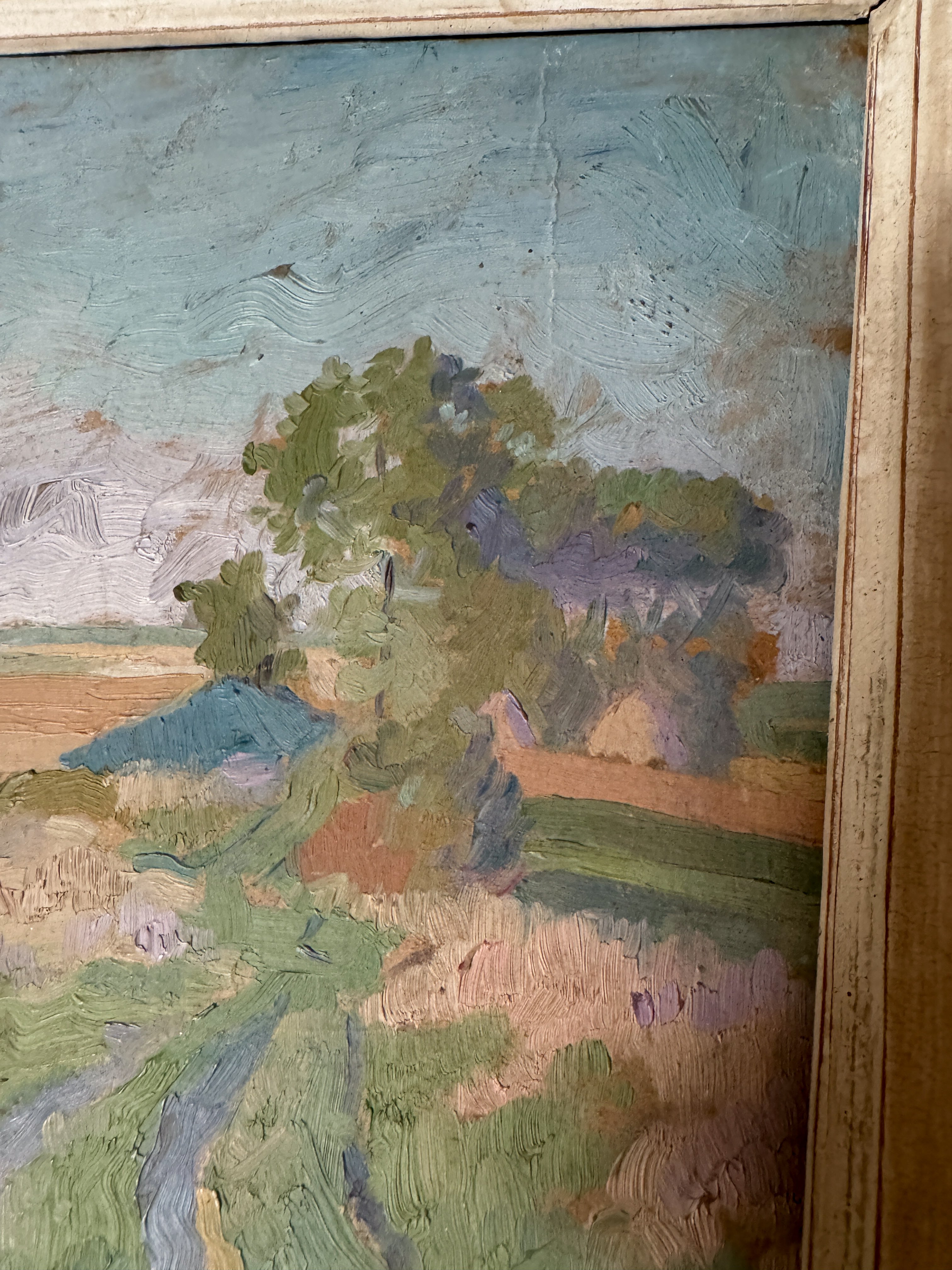 Antique French Oil on Board, Haystacks in a Field