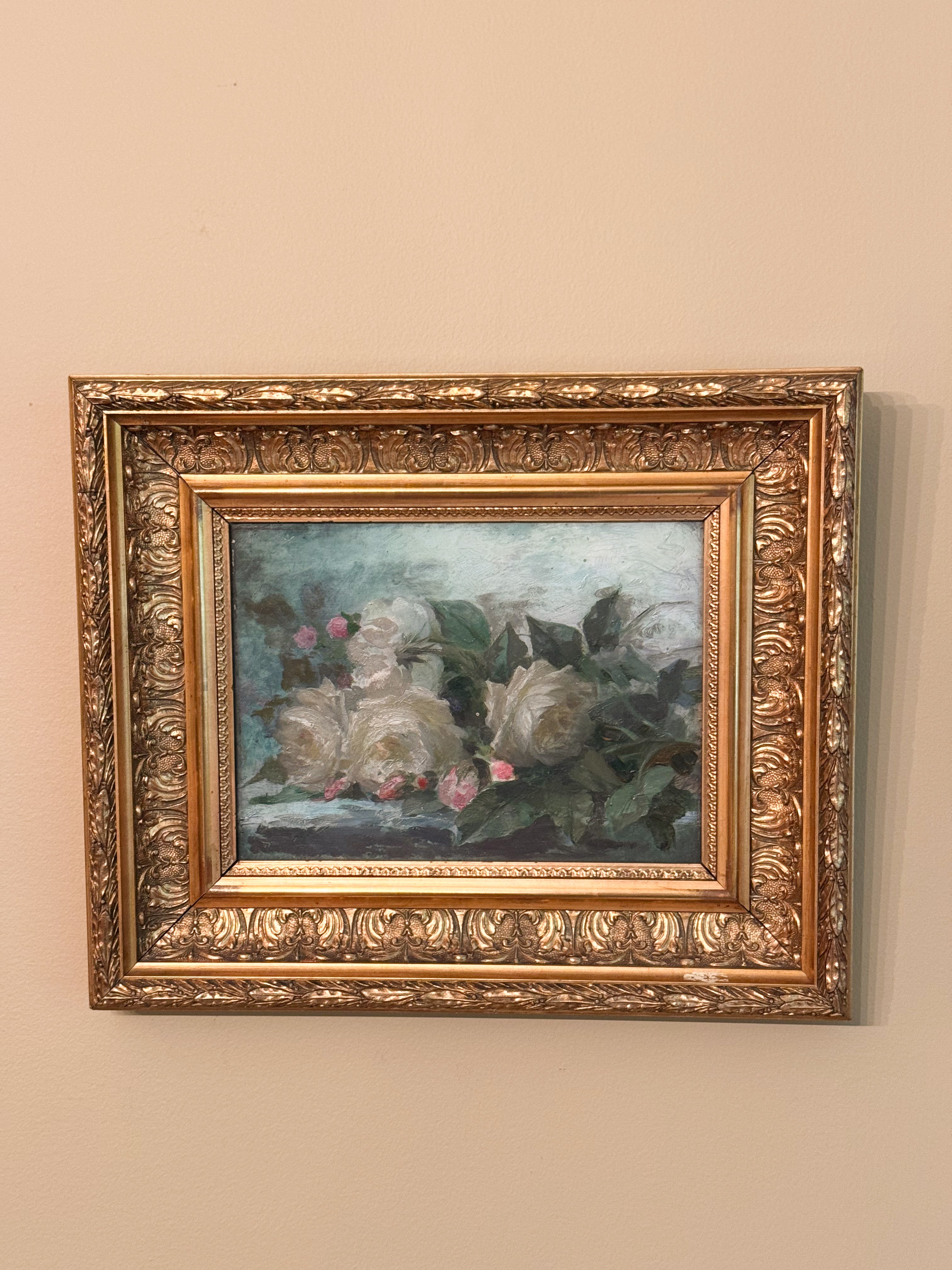 Oil on Mahogany: White Roses in Antique Gilded Frame