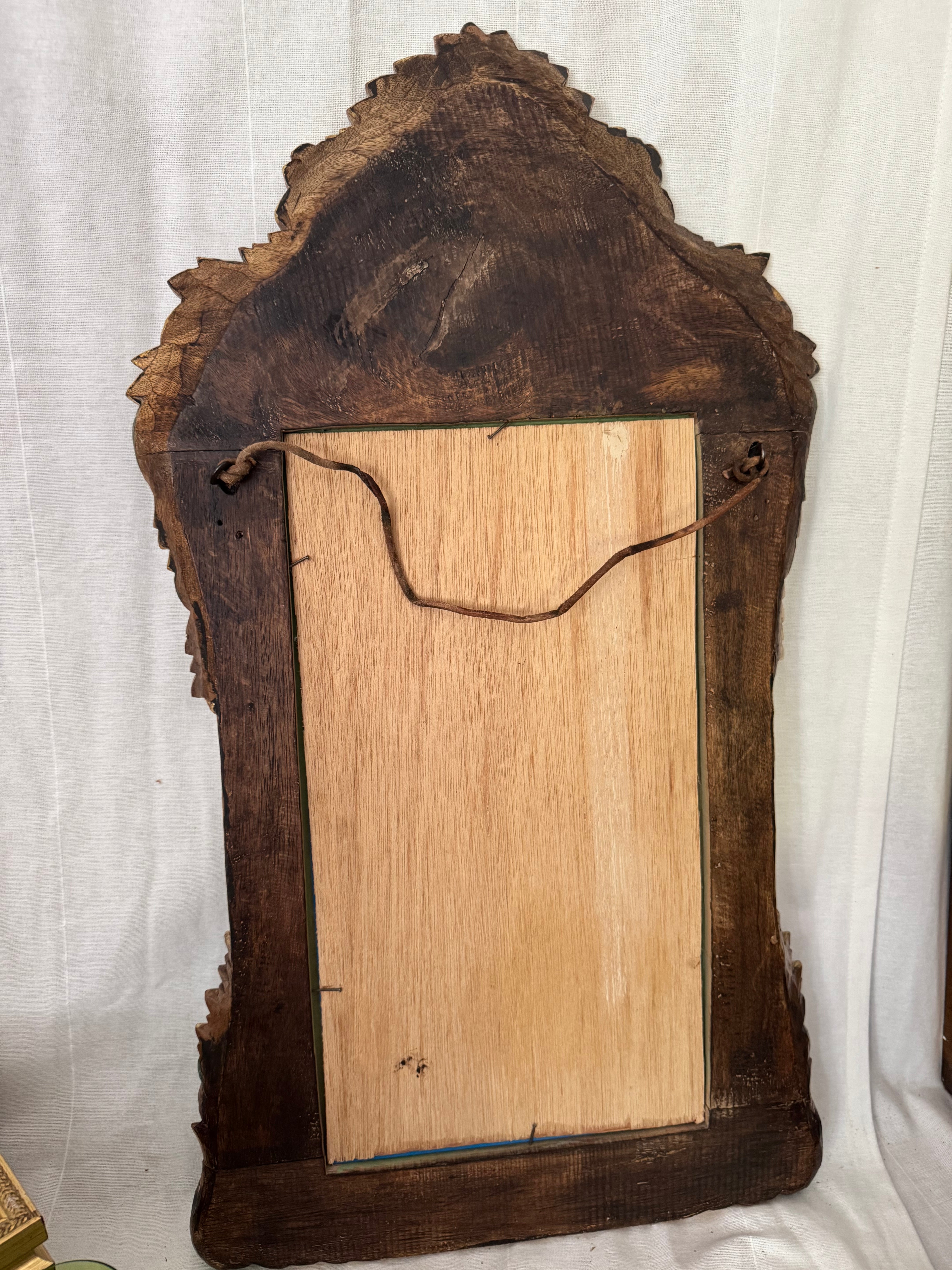 Antique Carved Green & Gilt Mirror with Floral Crest