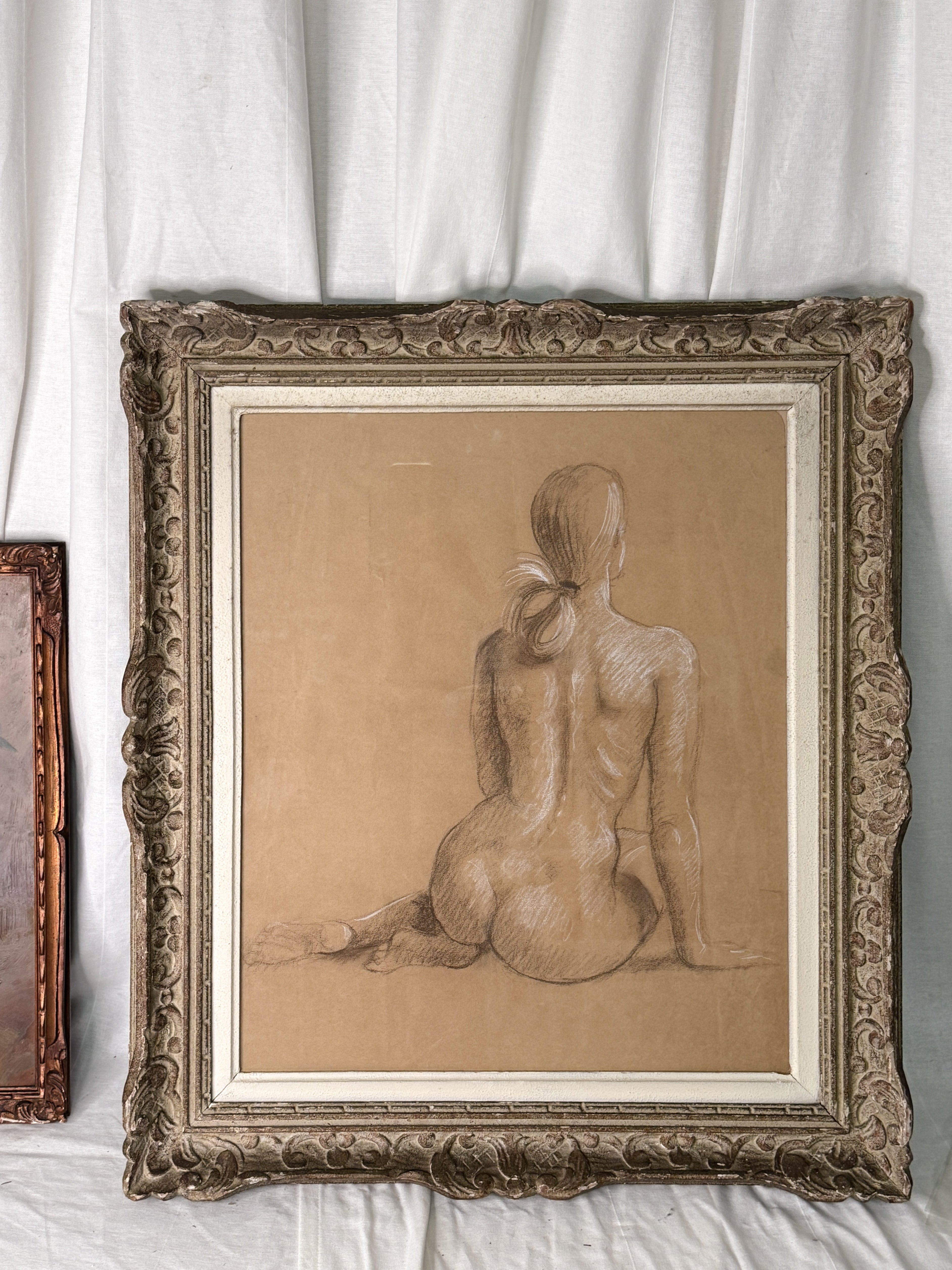 Mid Century French Nude Study, Charcoal Heightened with White, Silvered Montparnasse Frame