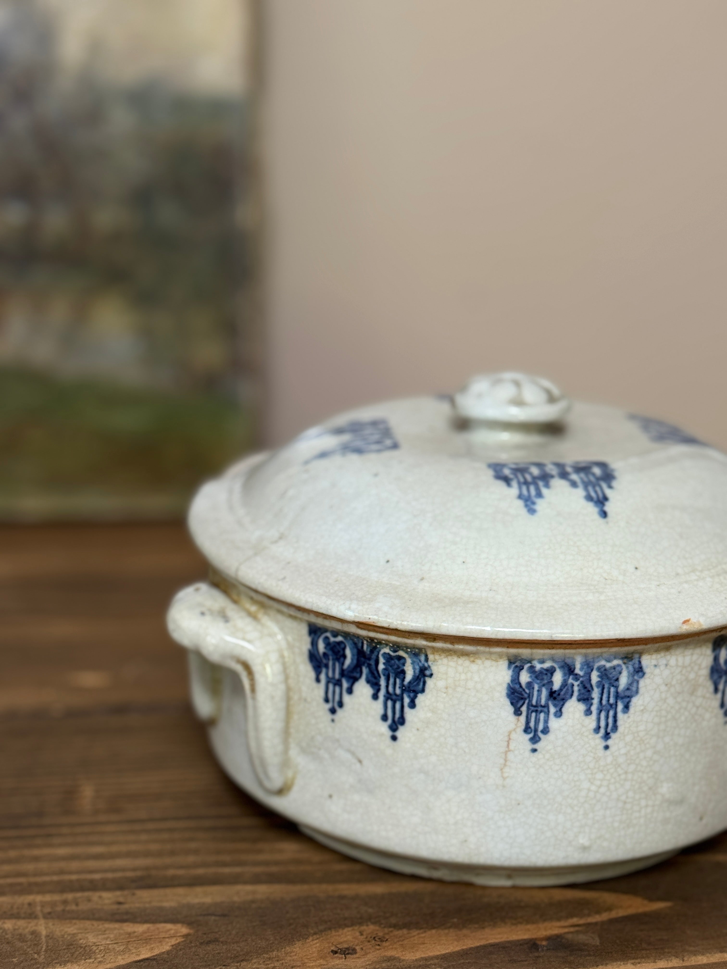 Antique French Saint-Uze Covered Dish, Blue Lambrequin