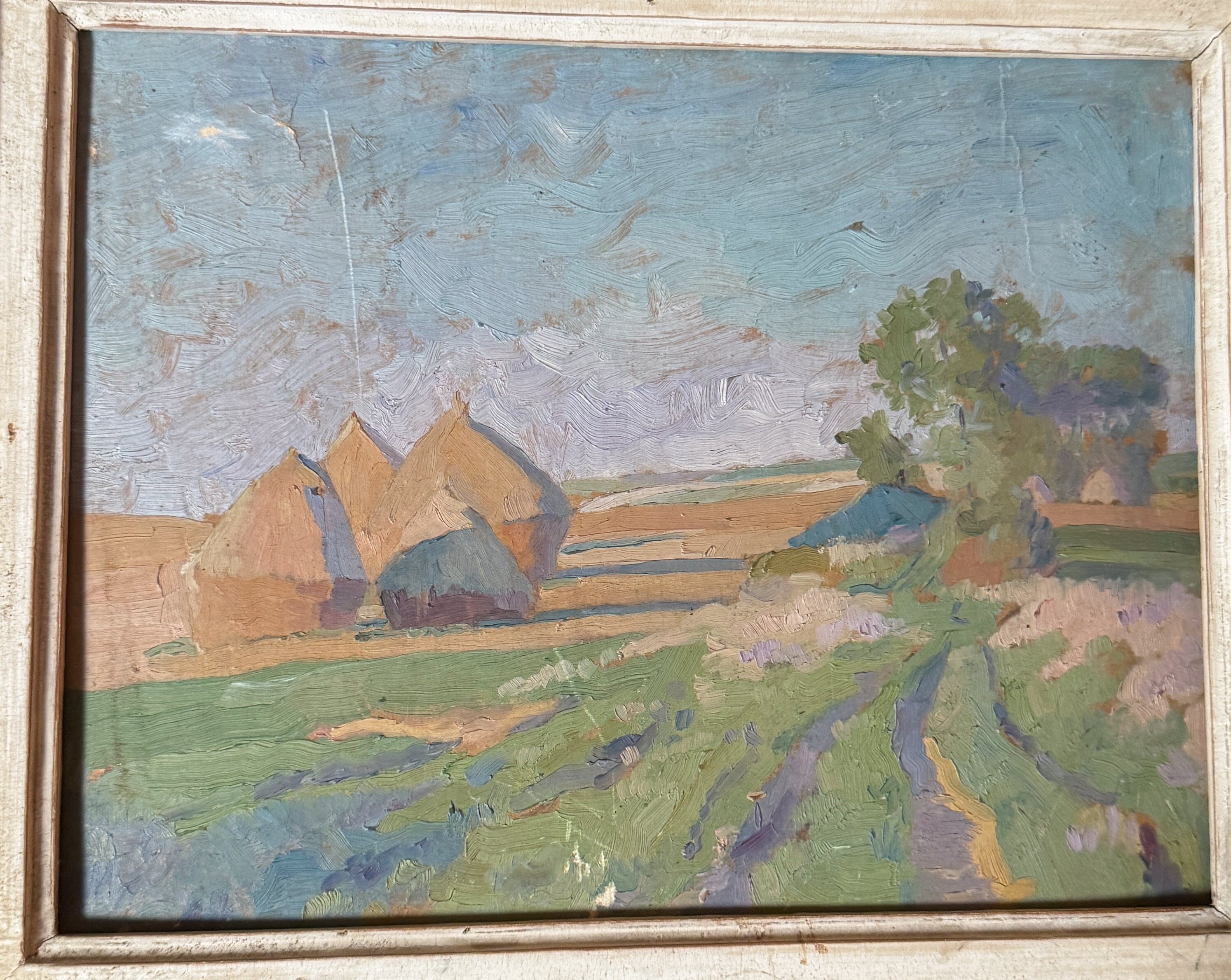 Antique French Oil on Board, Haystacks in a Field
