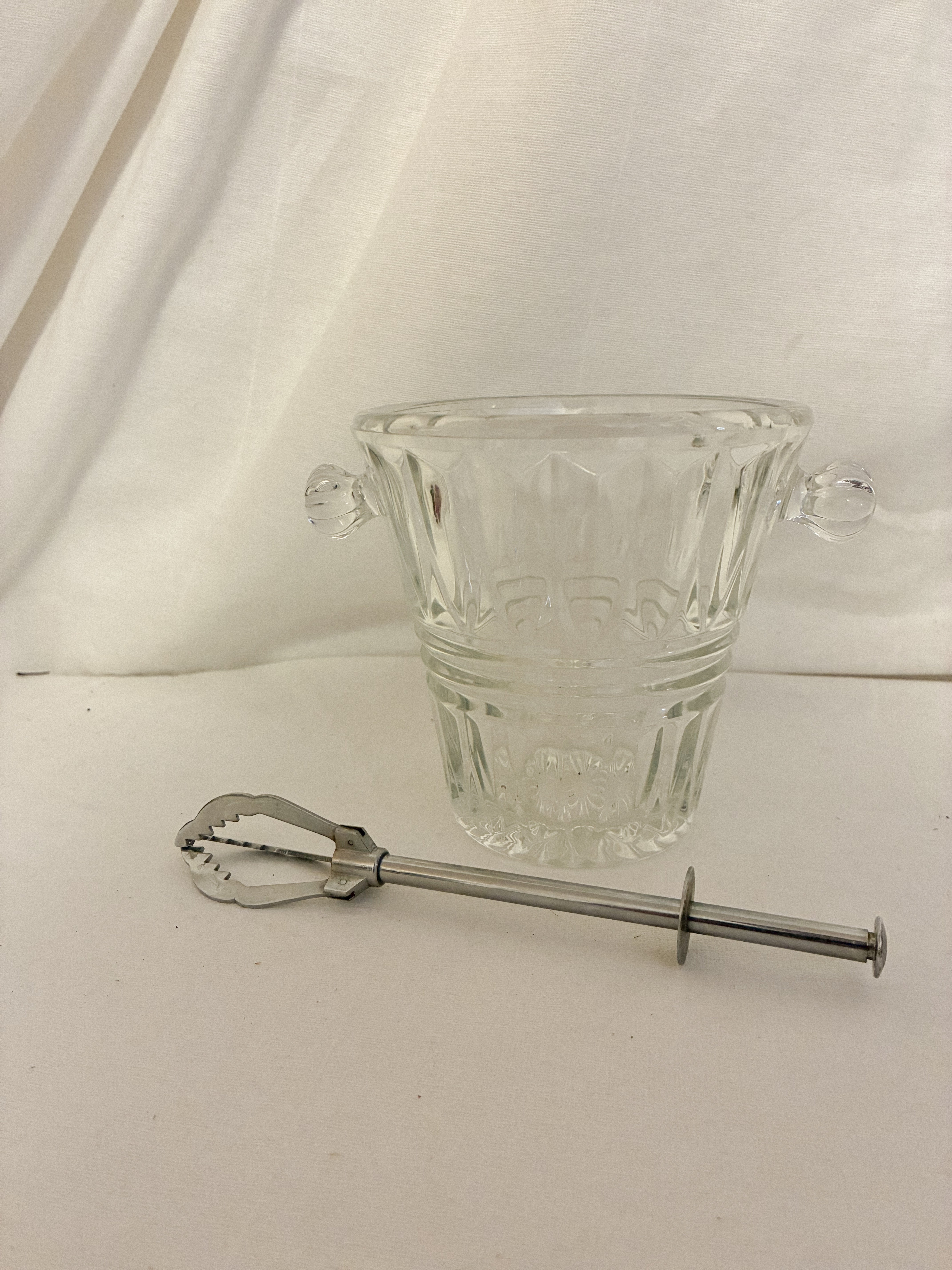 Antique French Crystal Ice Bucket with Spring-Loaded Ice Tongs