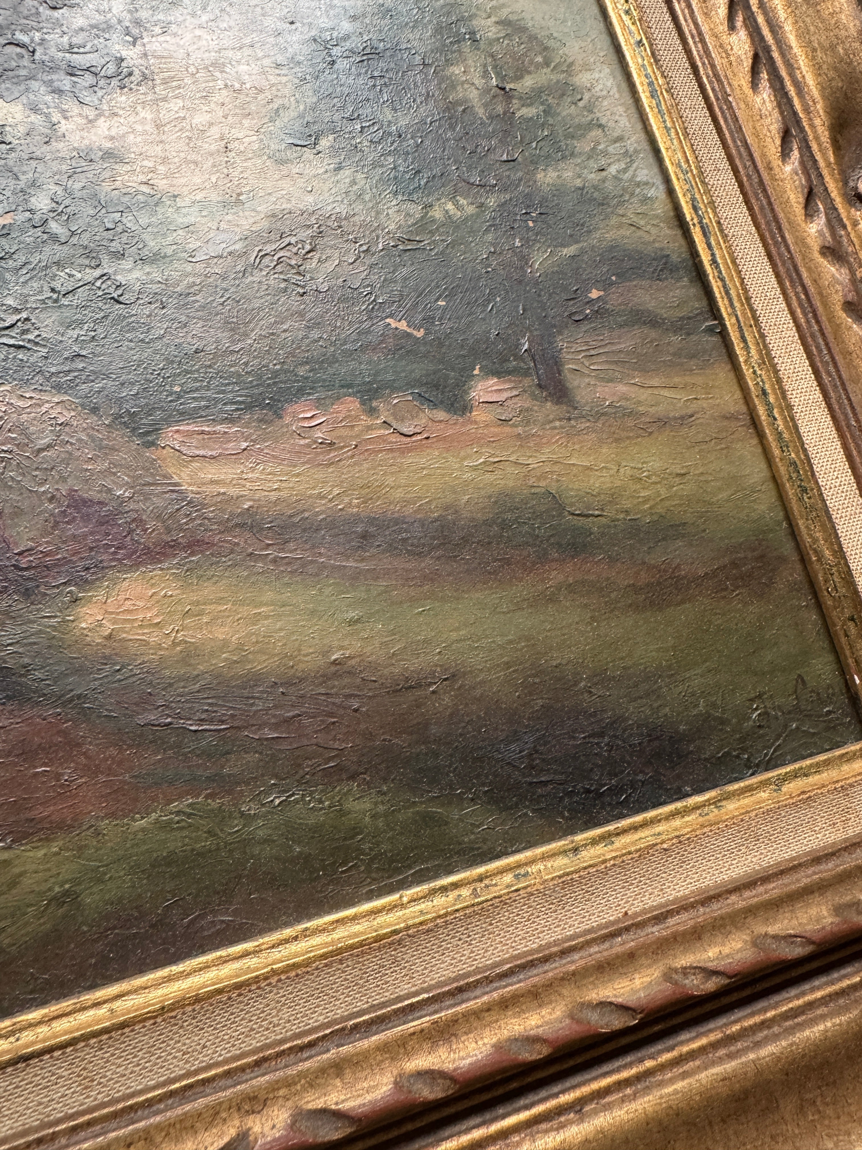 Antique Oil Landscape in the Barbizon Manner, Carved Giltwood Frame