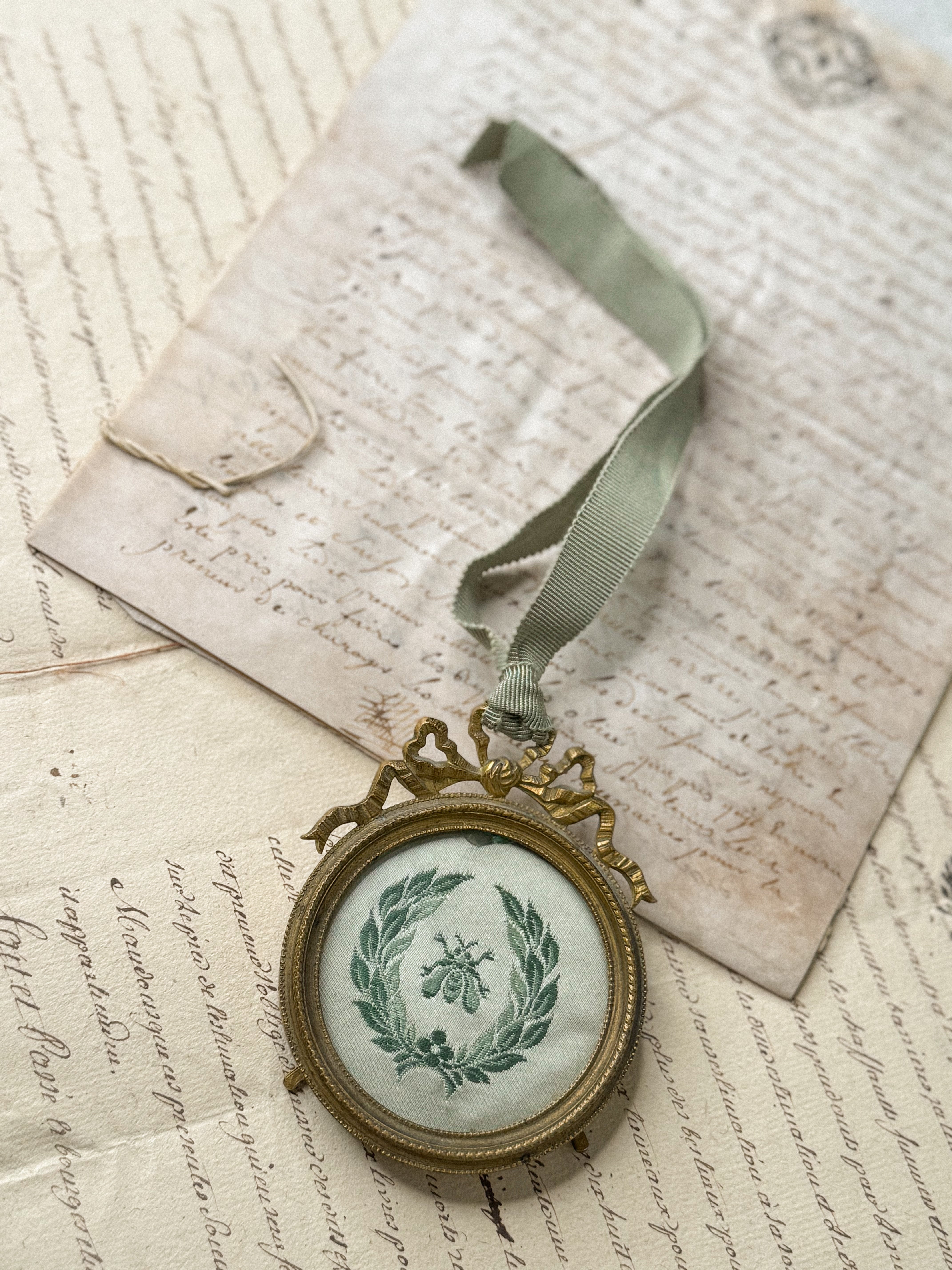 Antique French Frame Ornament with Bee Textile