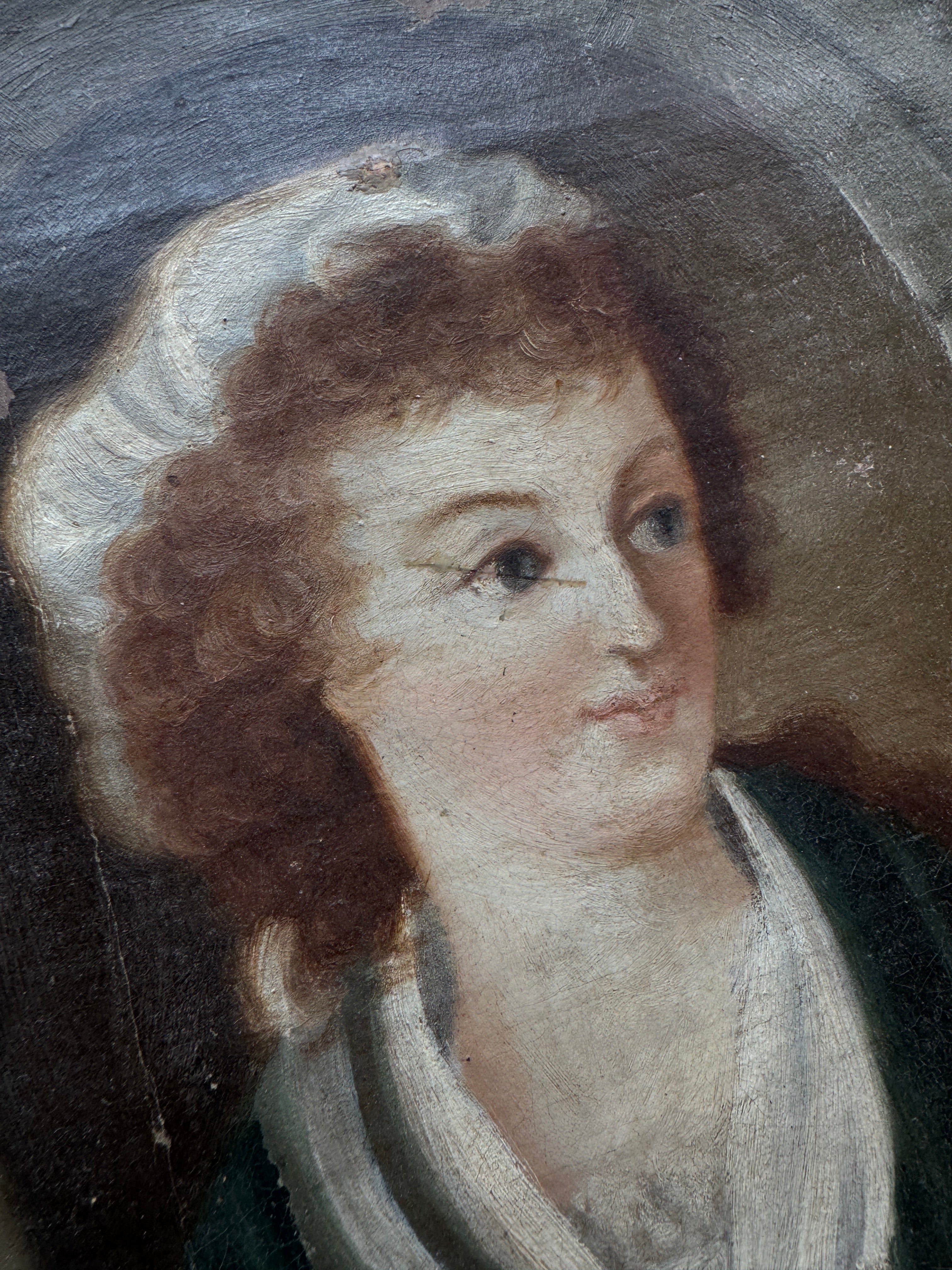 Antique French Portrait of a Young Woman in Bonnet, oil, late 18th / early 19th c.