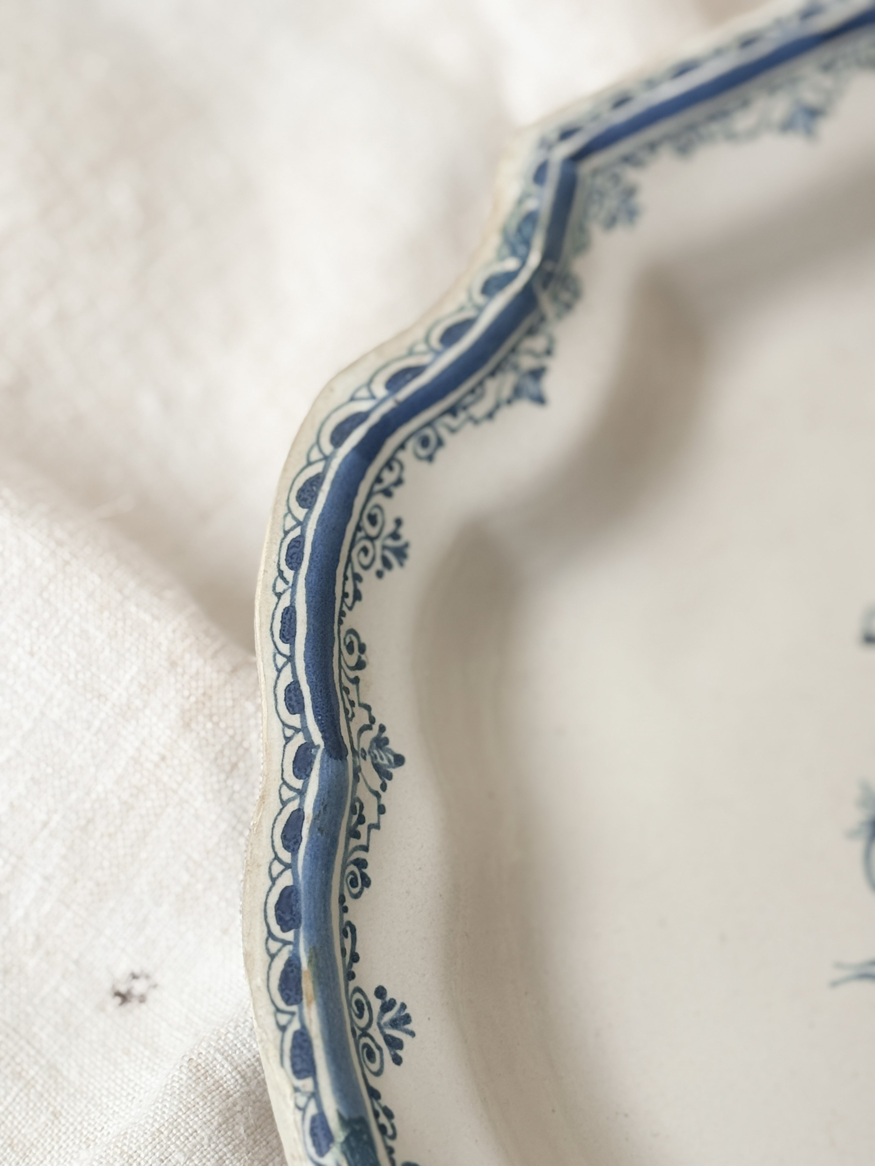Antique French Faience Shaped Platter, Moustiers Style Bérain Decoration, 19th Century