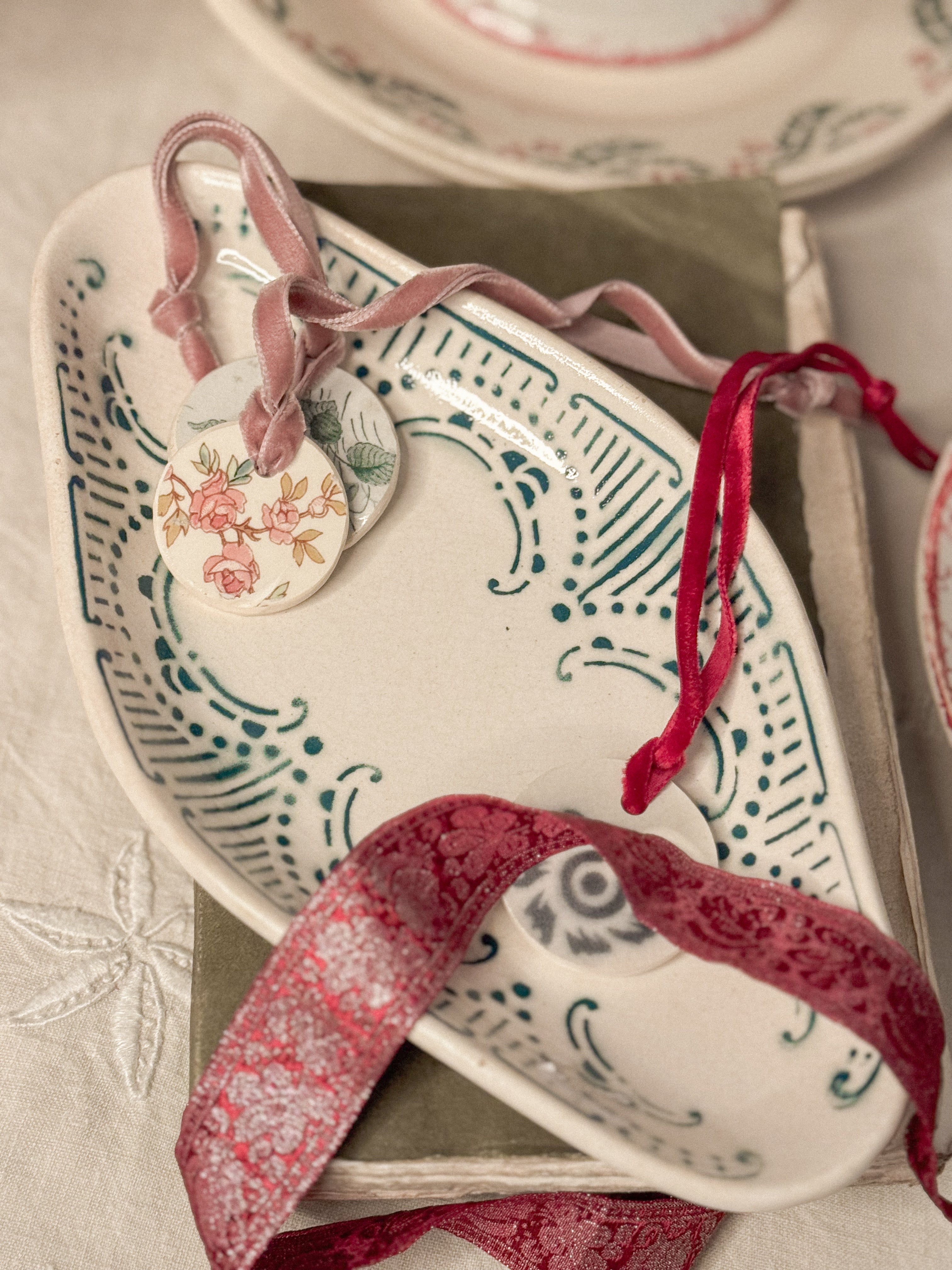 Green Transferware Ravier