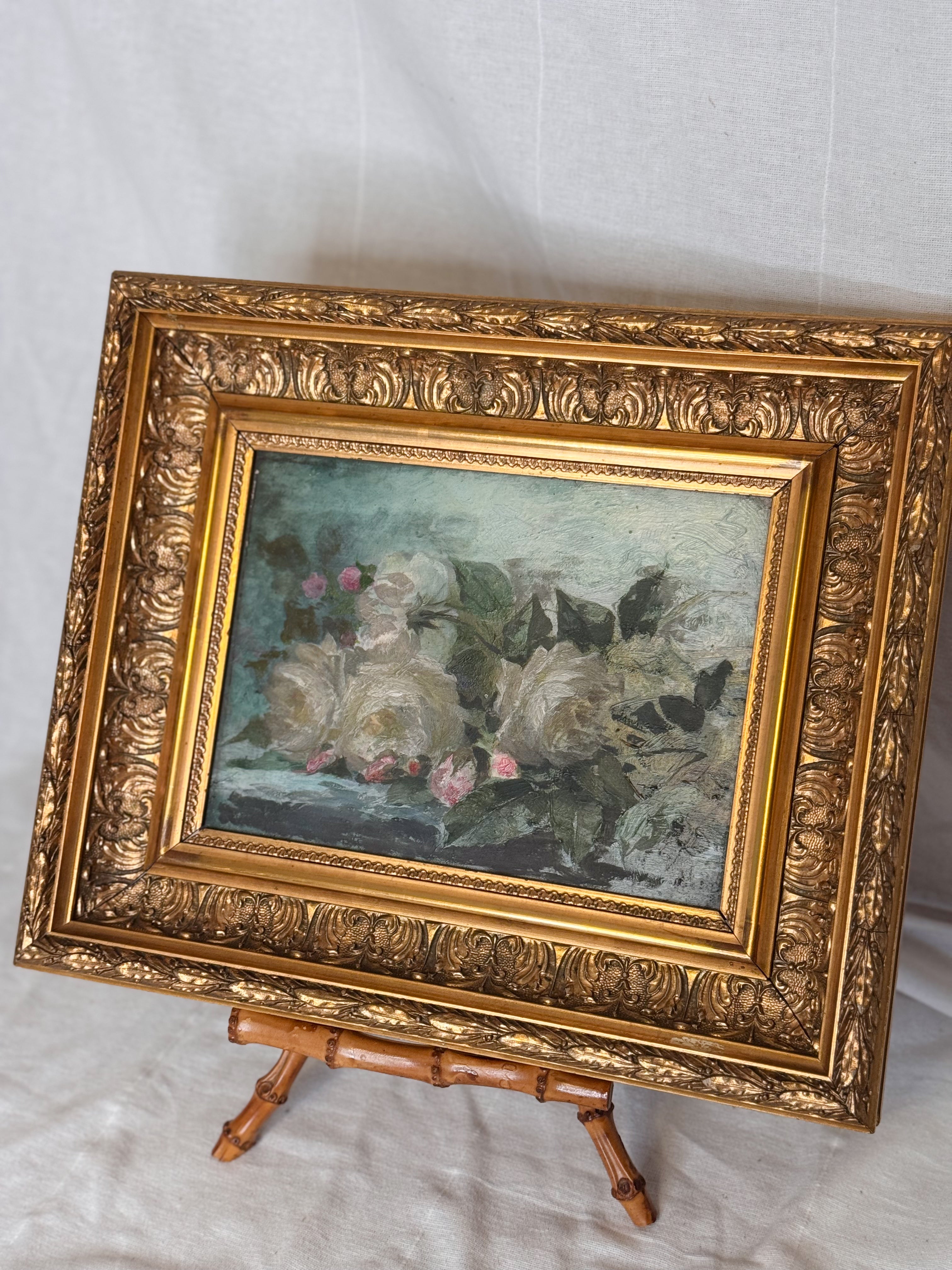 Oil on Mahogany: White Roses in Antique Gilded Frame
