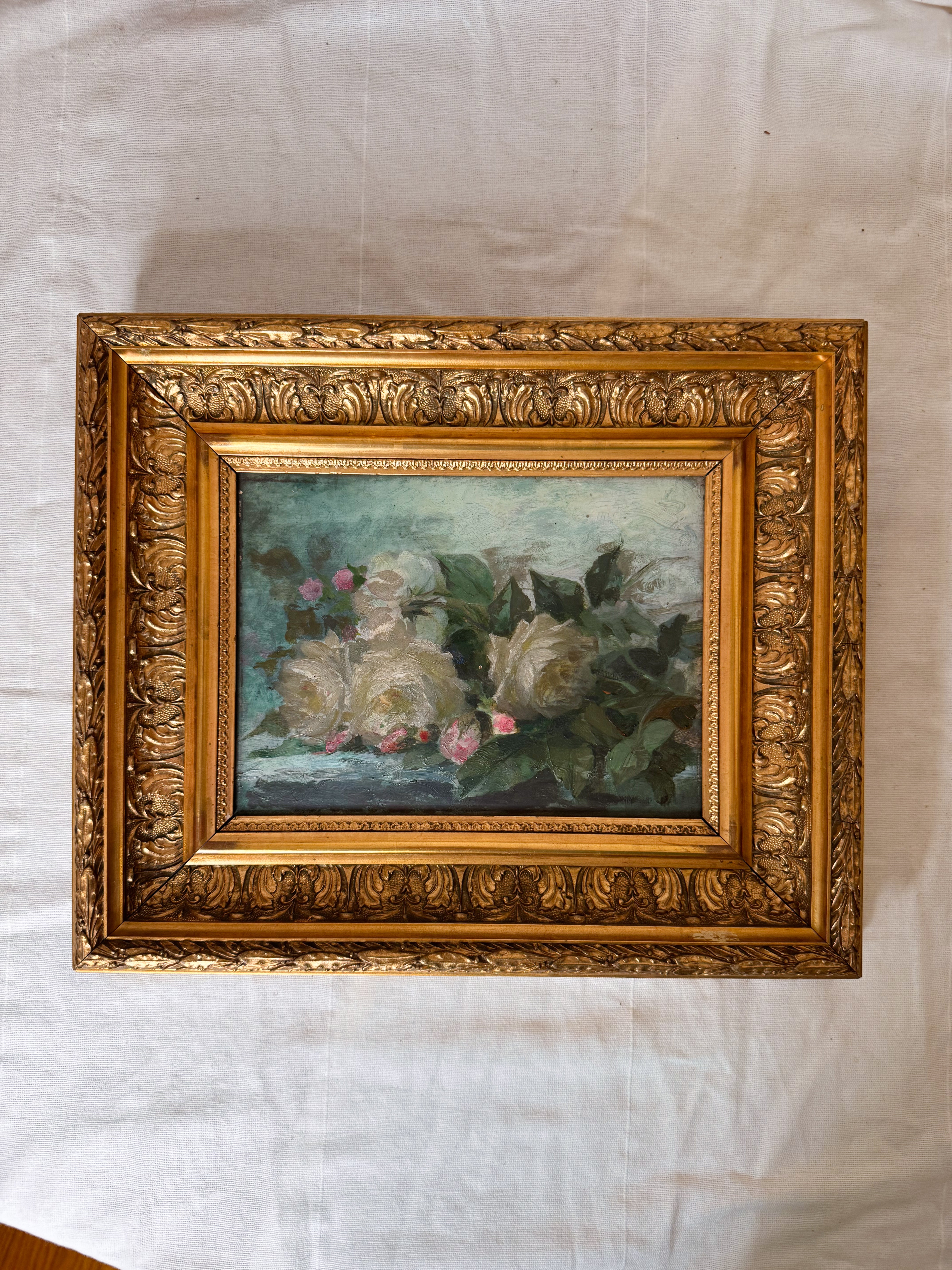 Oil on Mahogany: White Roses in Antique Gilded Frame