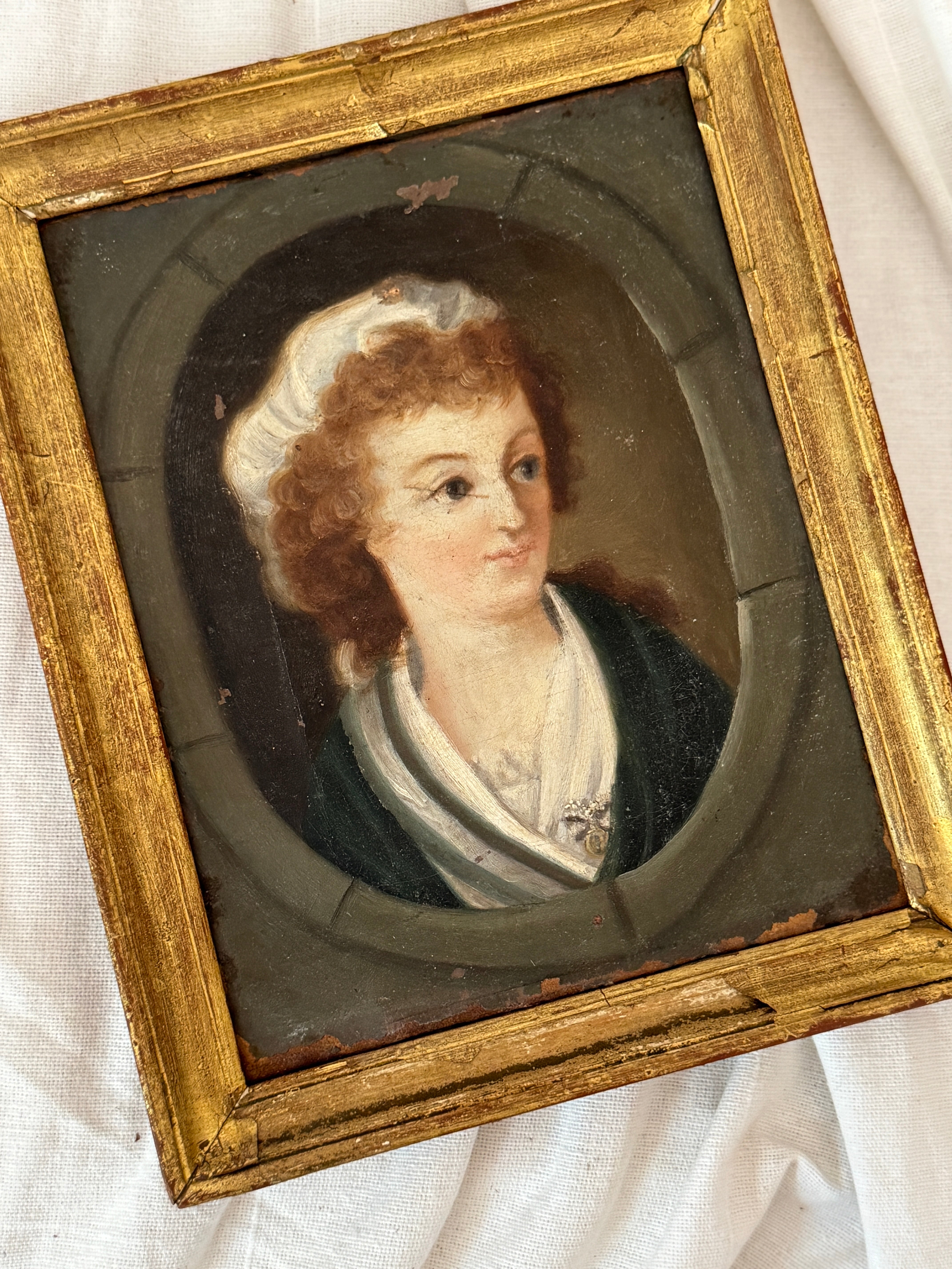 Antique French Portrait of a Young Woman in Bonnet, oil, late 18th / early 19th c.