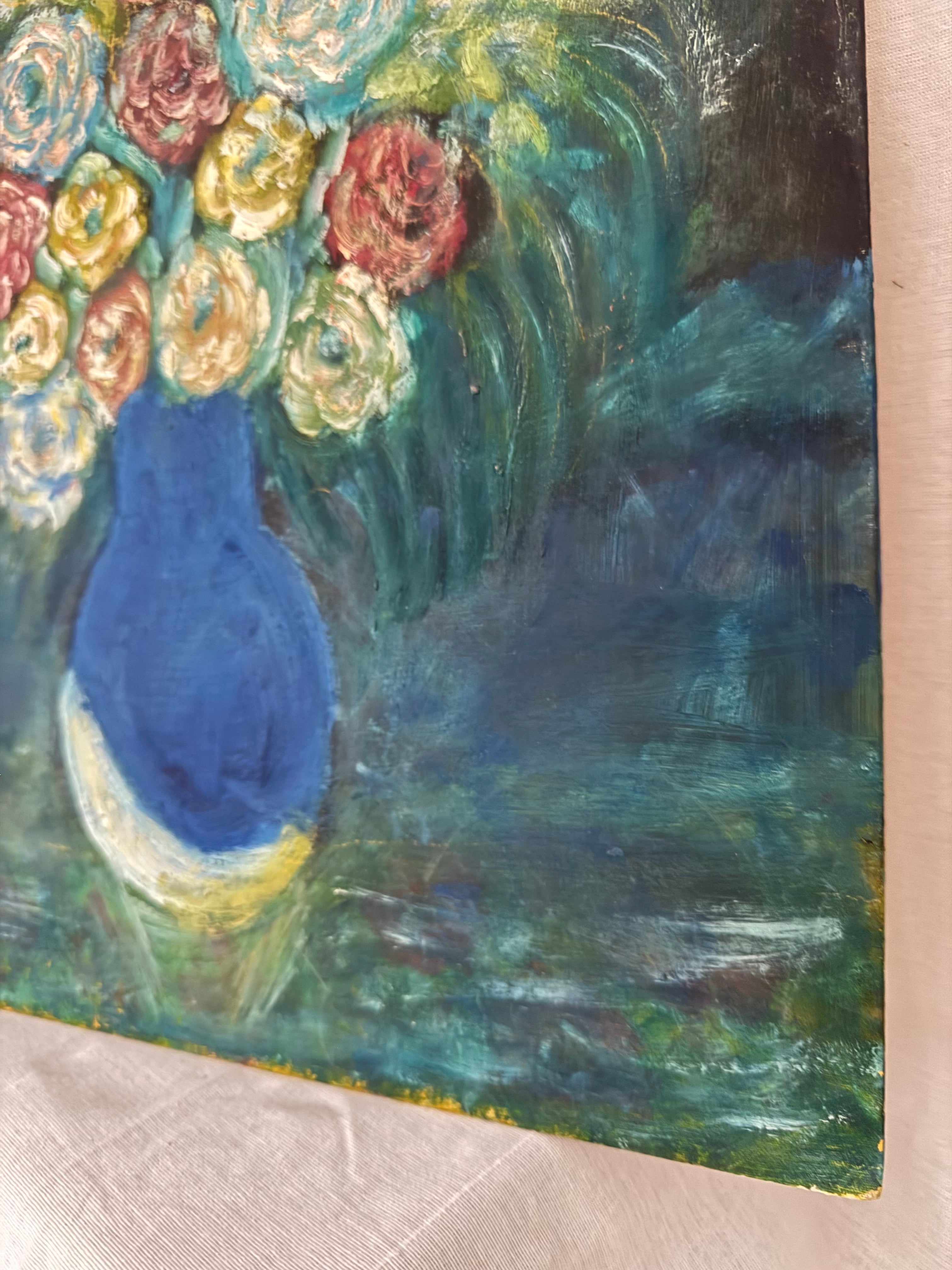 Oil Painting of Flowers in a Blue Vase