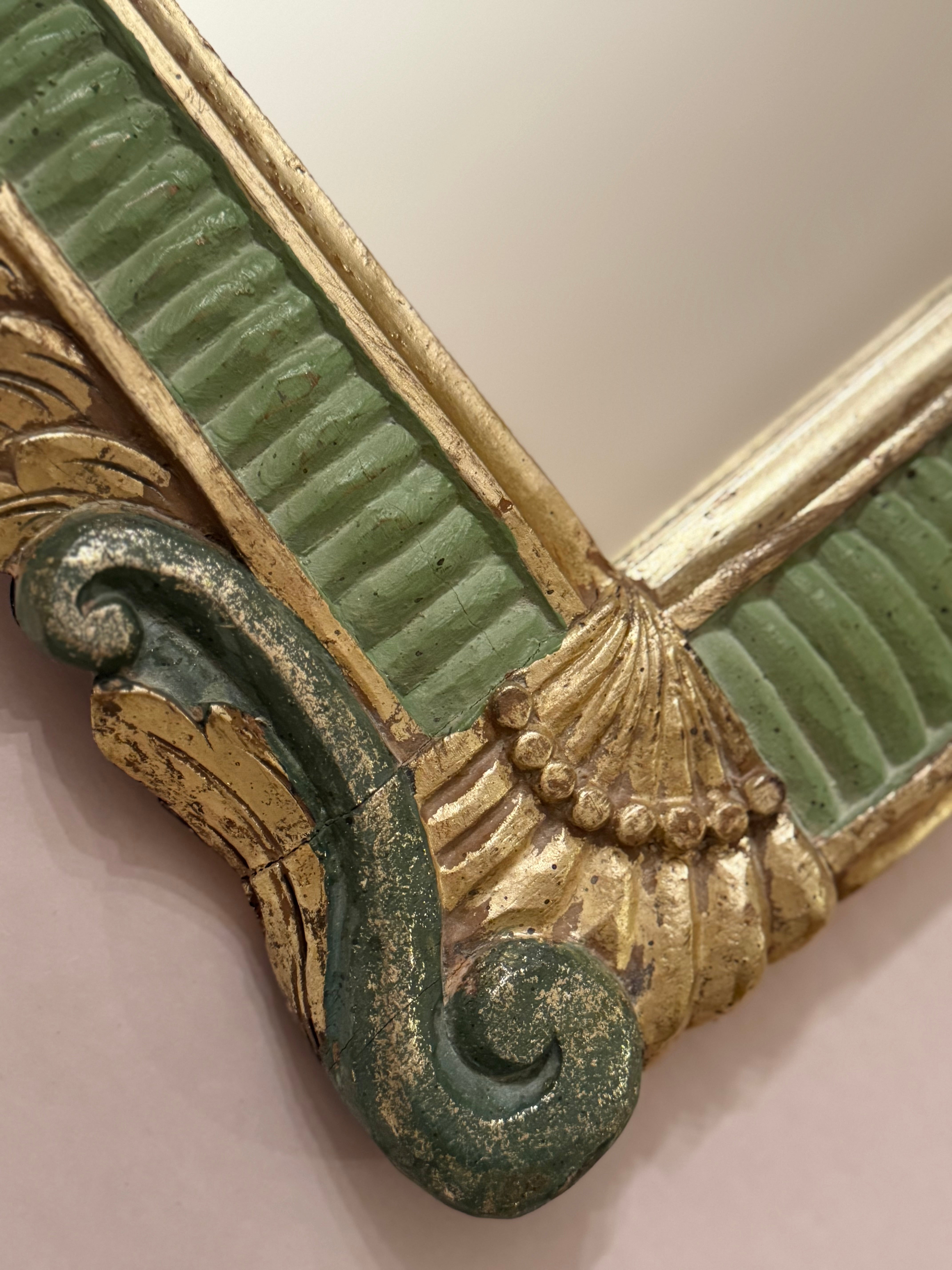 Antique Carved Green & Gilt Mirror with Floral Crest