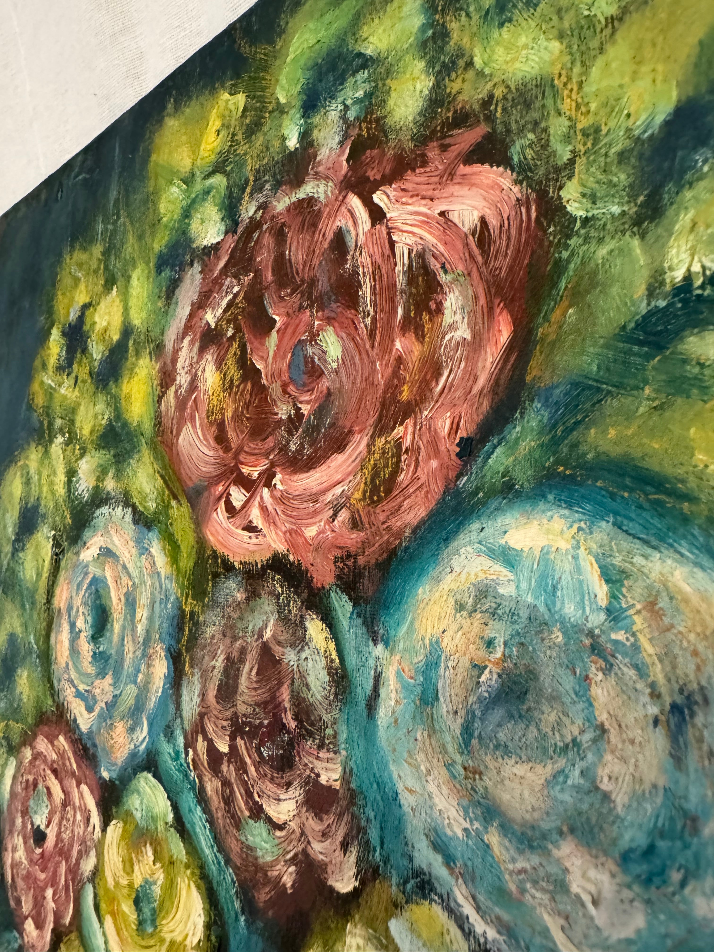 Oil Painting of Flowers in a Blue Vase