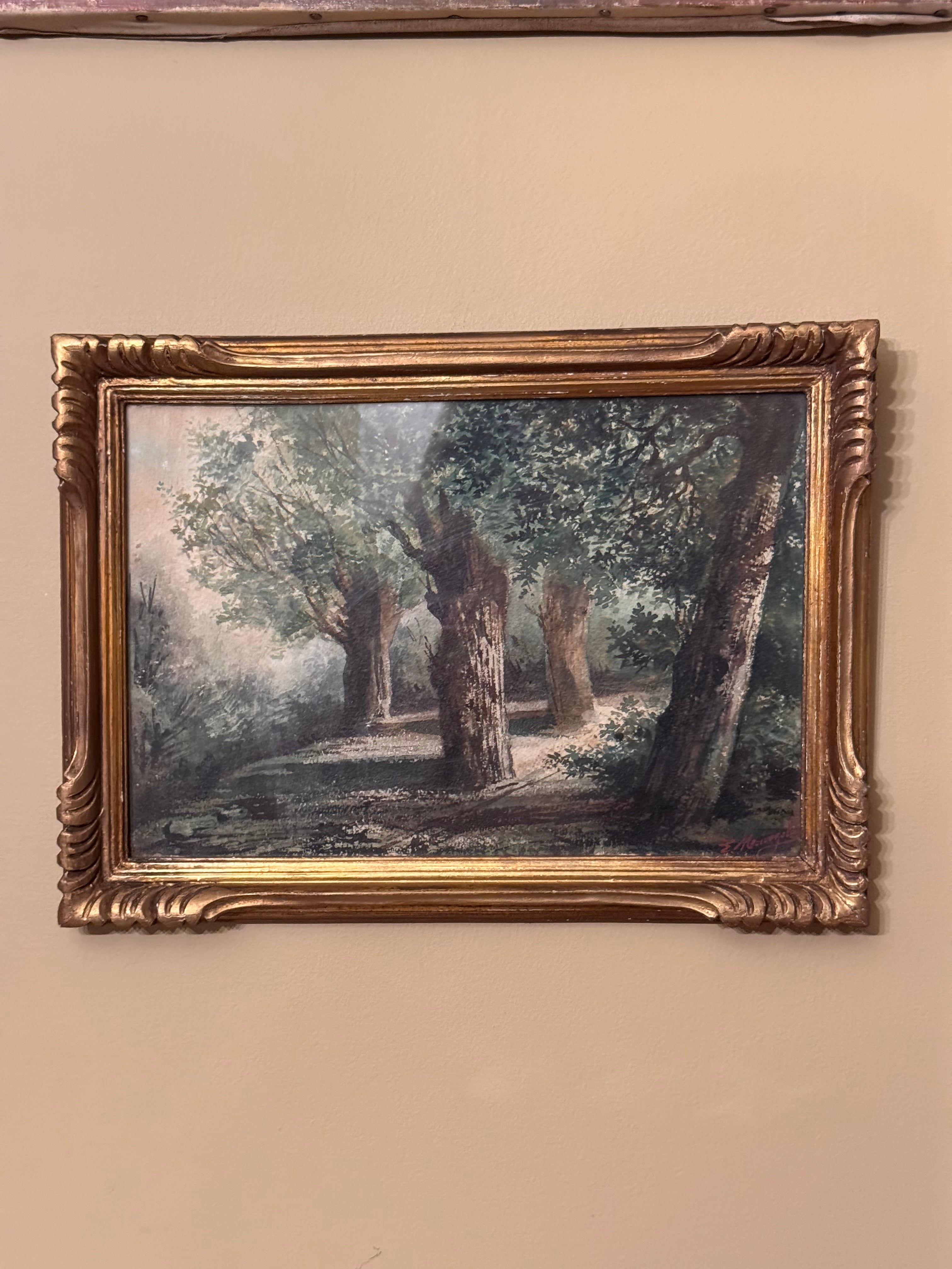 Antique framed forest path watercolor with original wavy glass