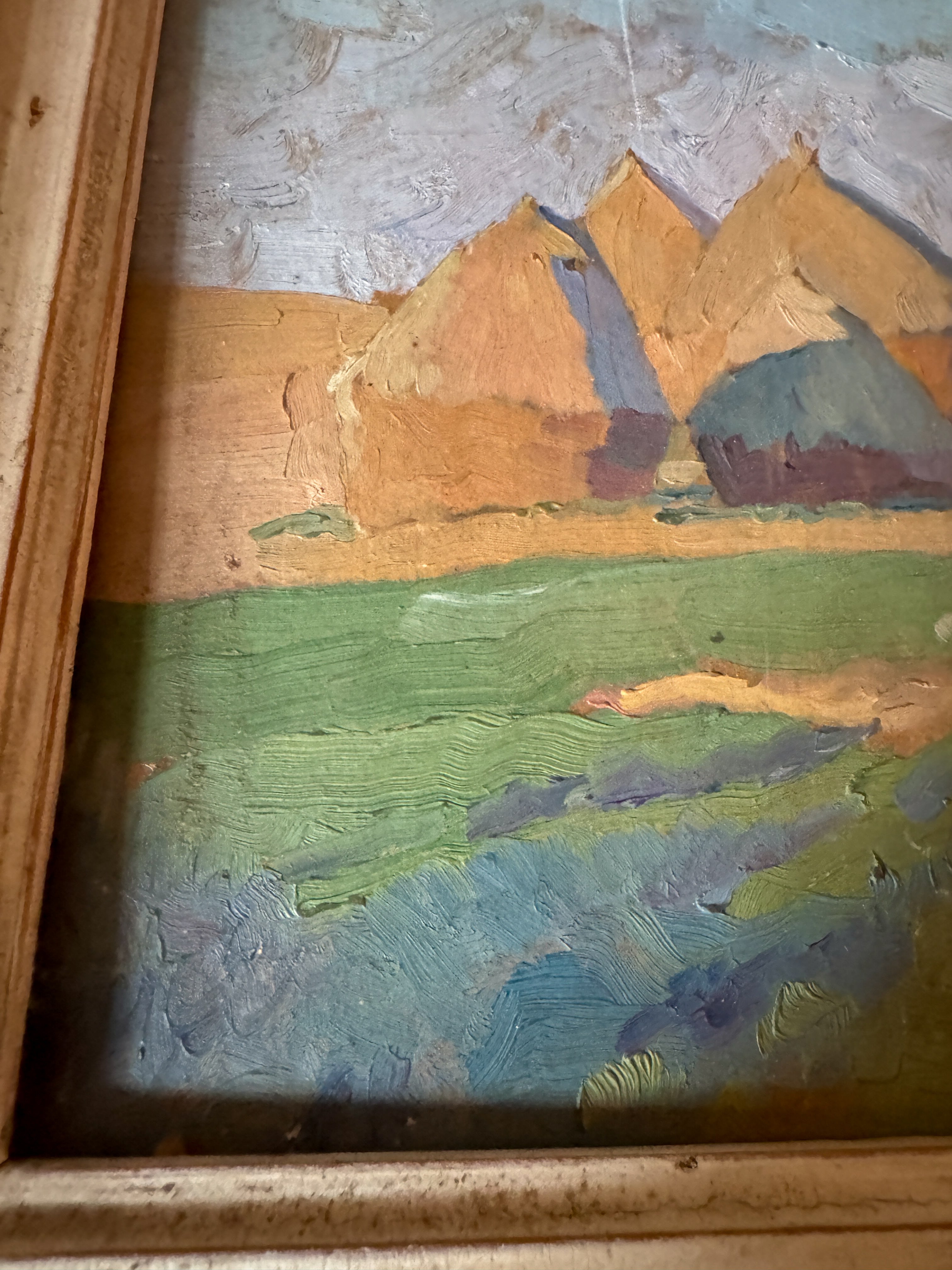 Antique French Oil on Board, Haystacks in a Field