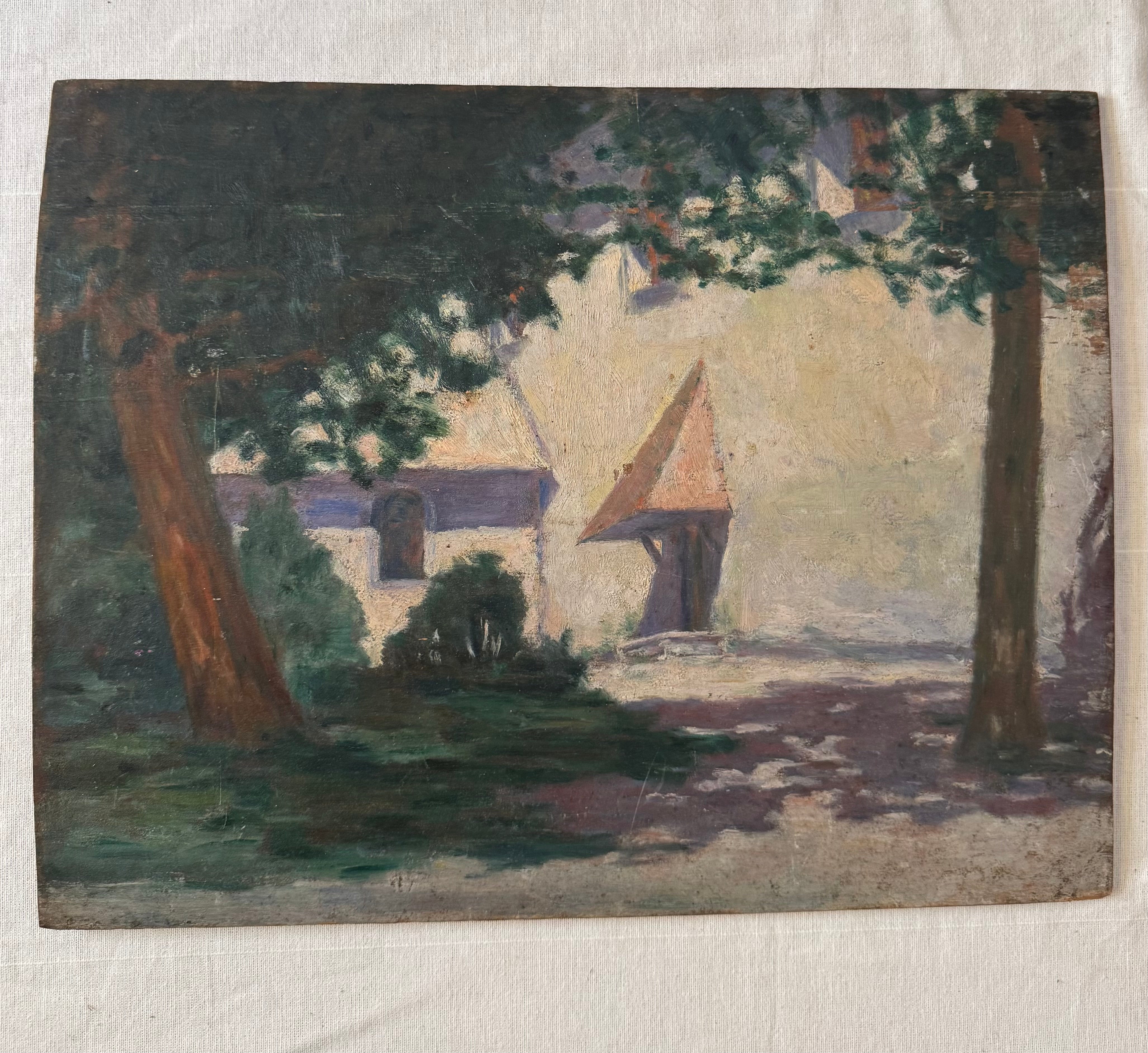 Antique courtyard oil on board