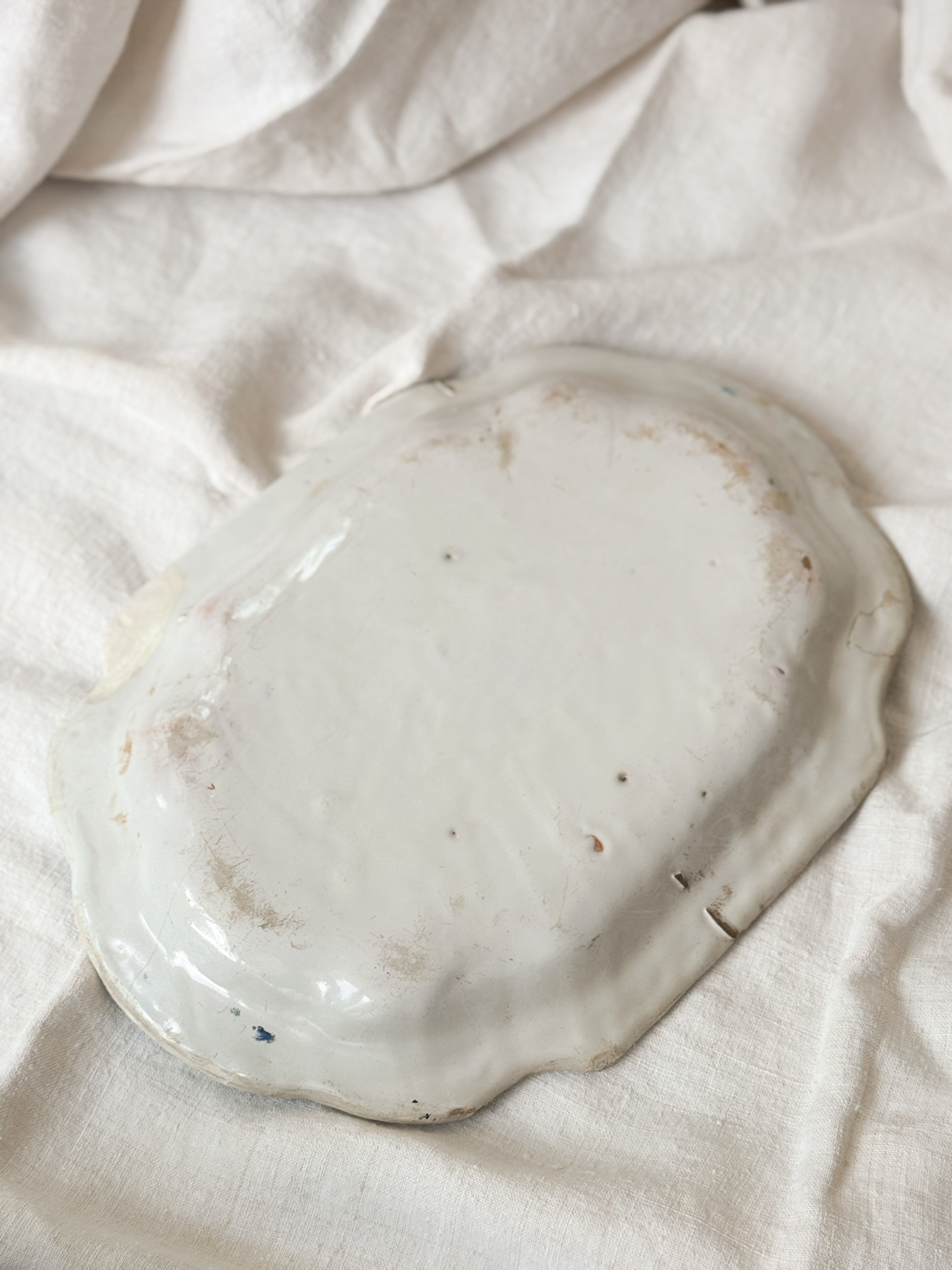 Antique French Faience Shaped Platter, Moustiers Style Bérain Decoration, 19th Century