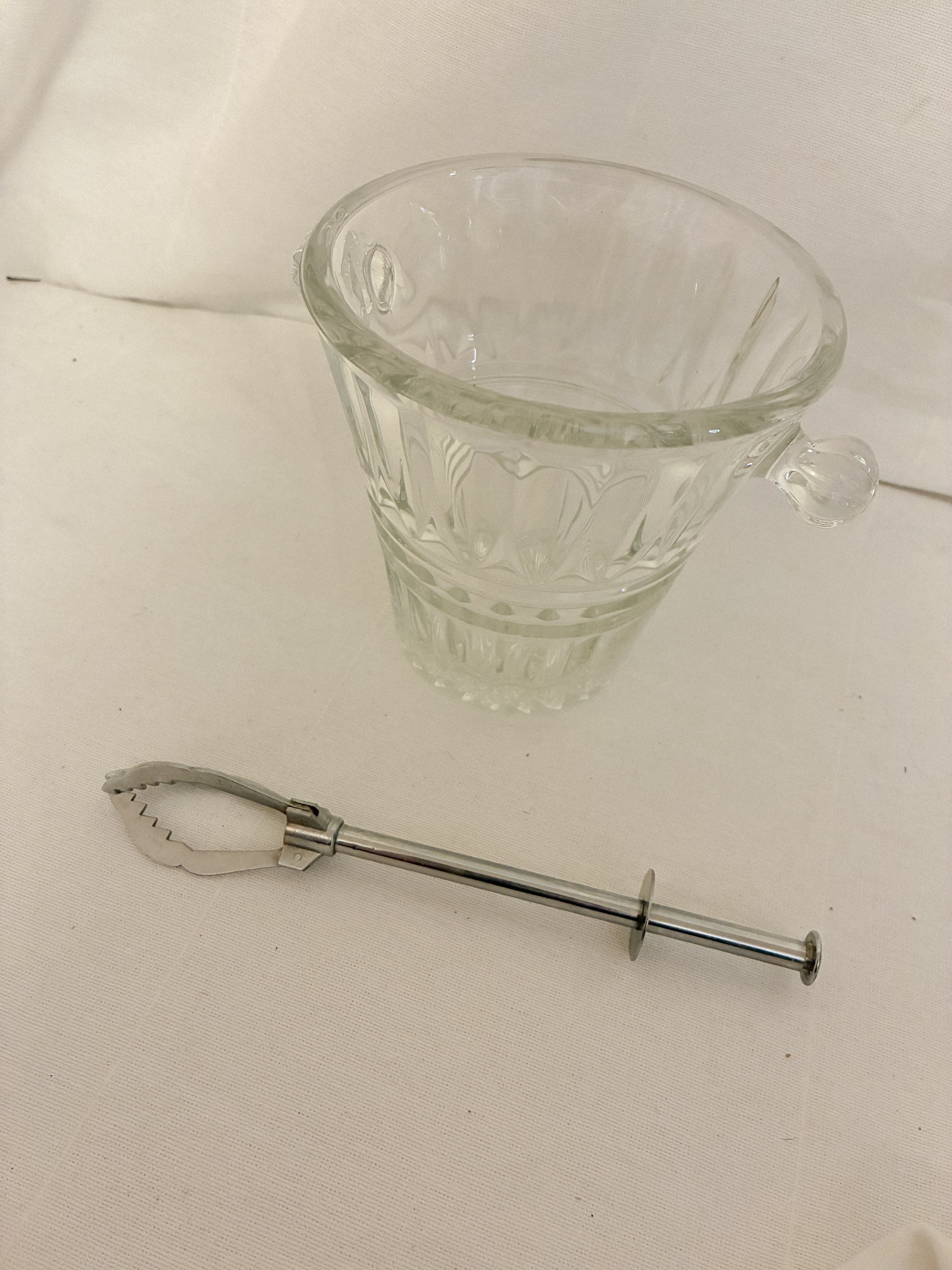 Antique French Crystal Ice Bucket with Spring-Loaded Ice Tongs