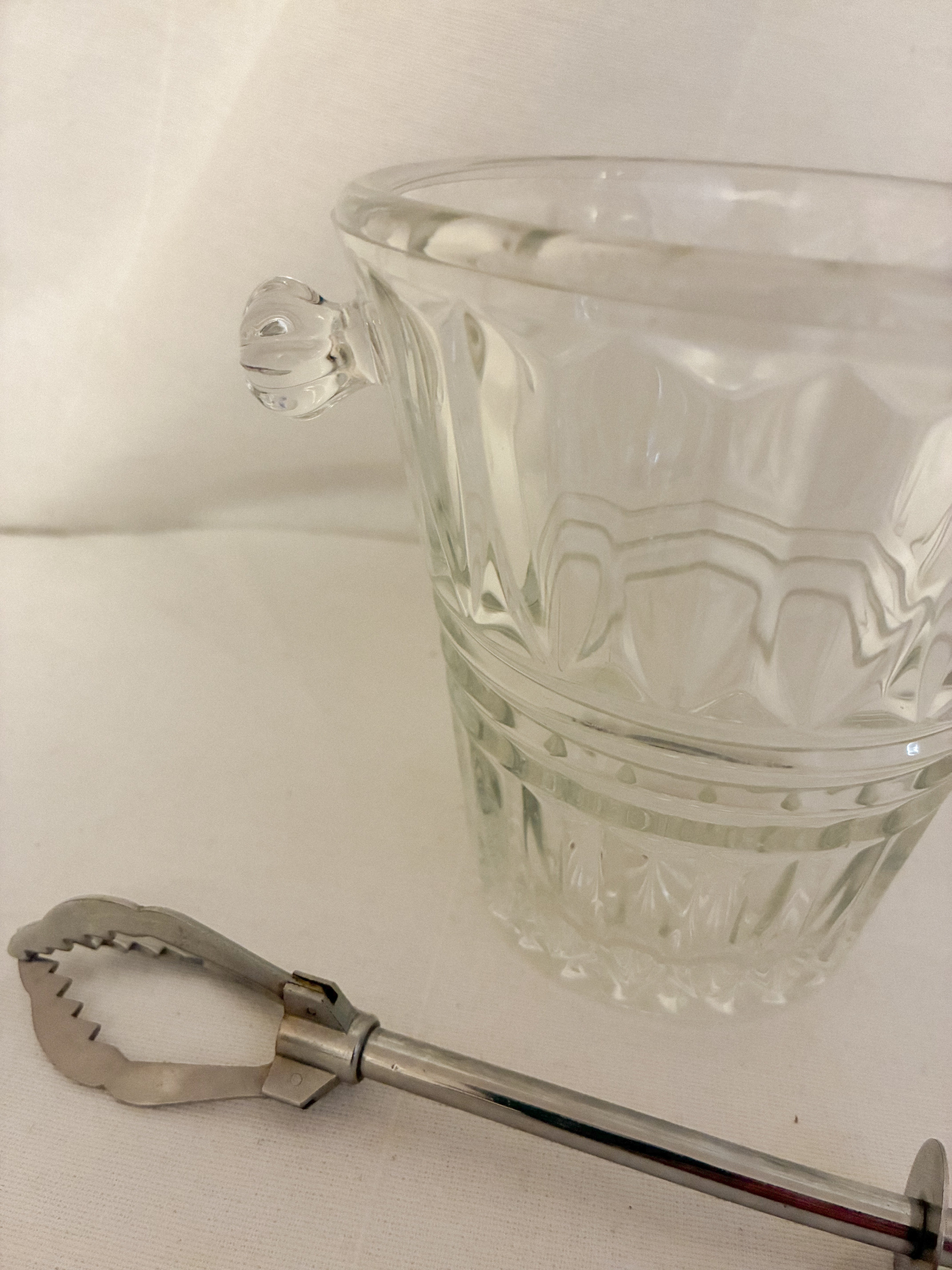 Antique French Crystal Ice Bucket with Spring-Loaded Ice Tongs