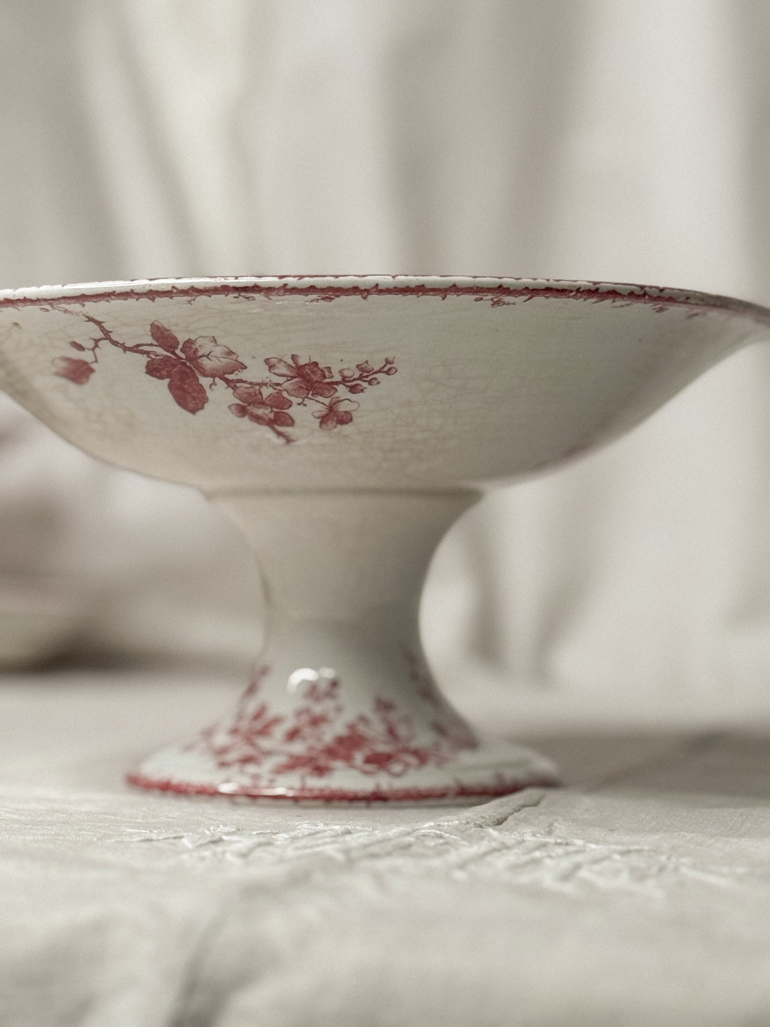 Antique French Red Transfer Bird & Floral Compotier