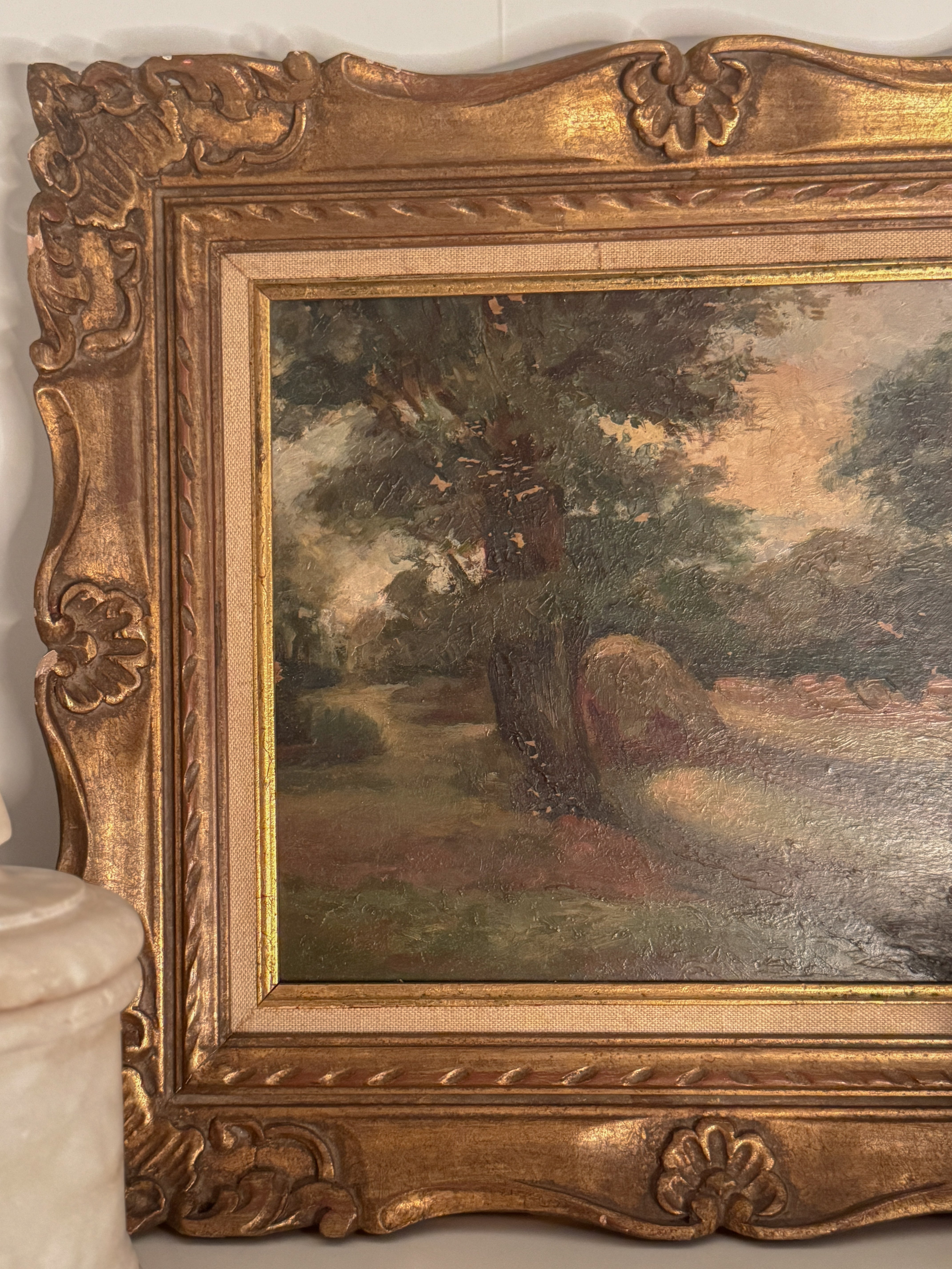 Antique Oil Landscape in the Barbizon Manner, Carved Giltwood Frame
