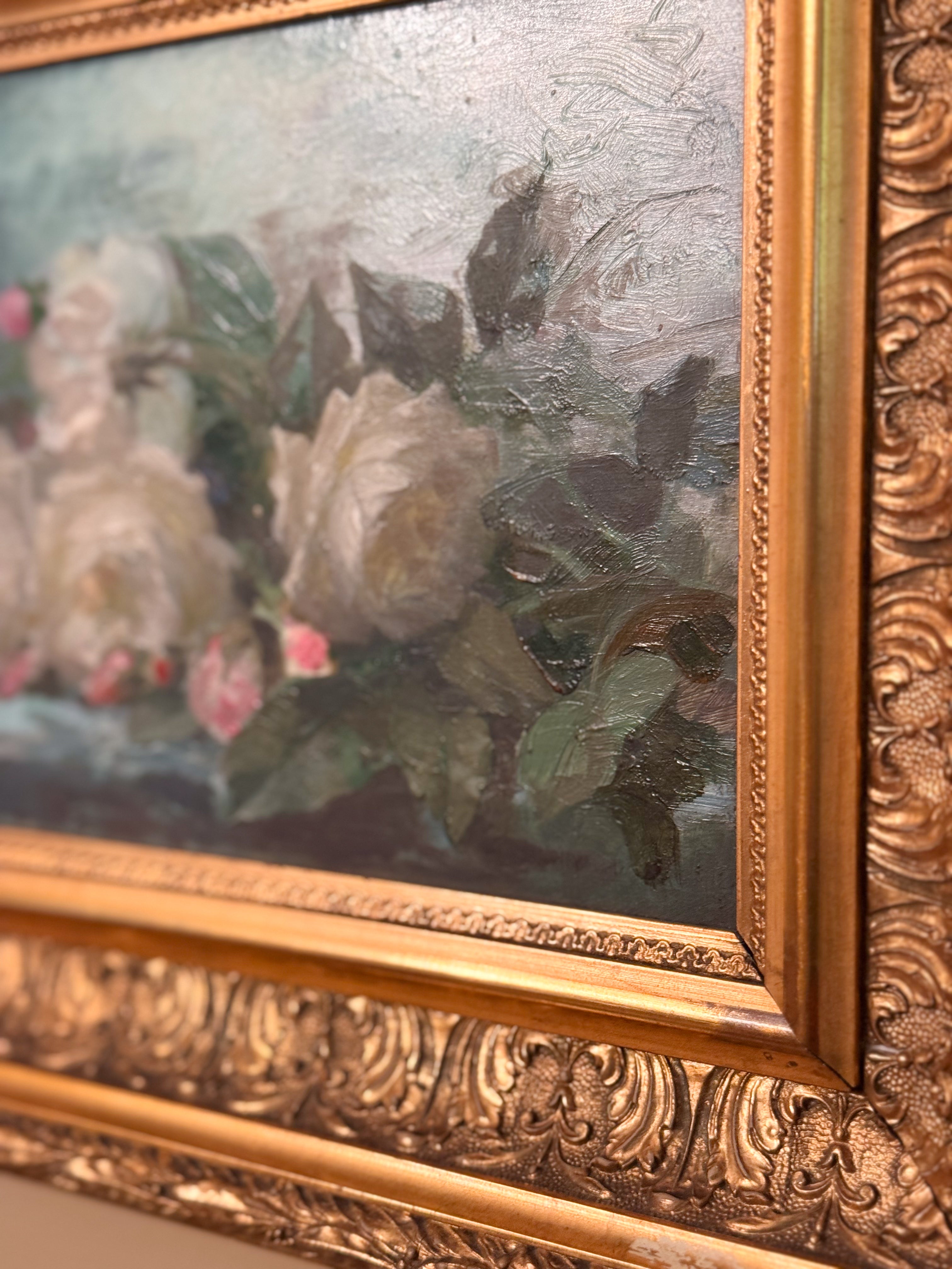 Oil on Mahogany: White Roses in Antique Gilded Frame
