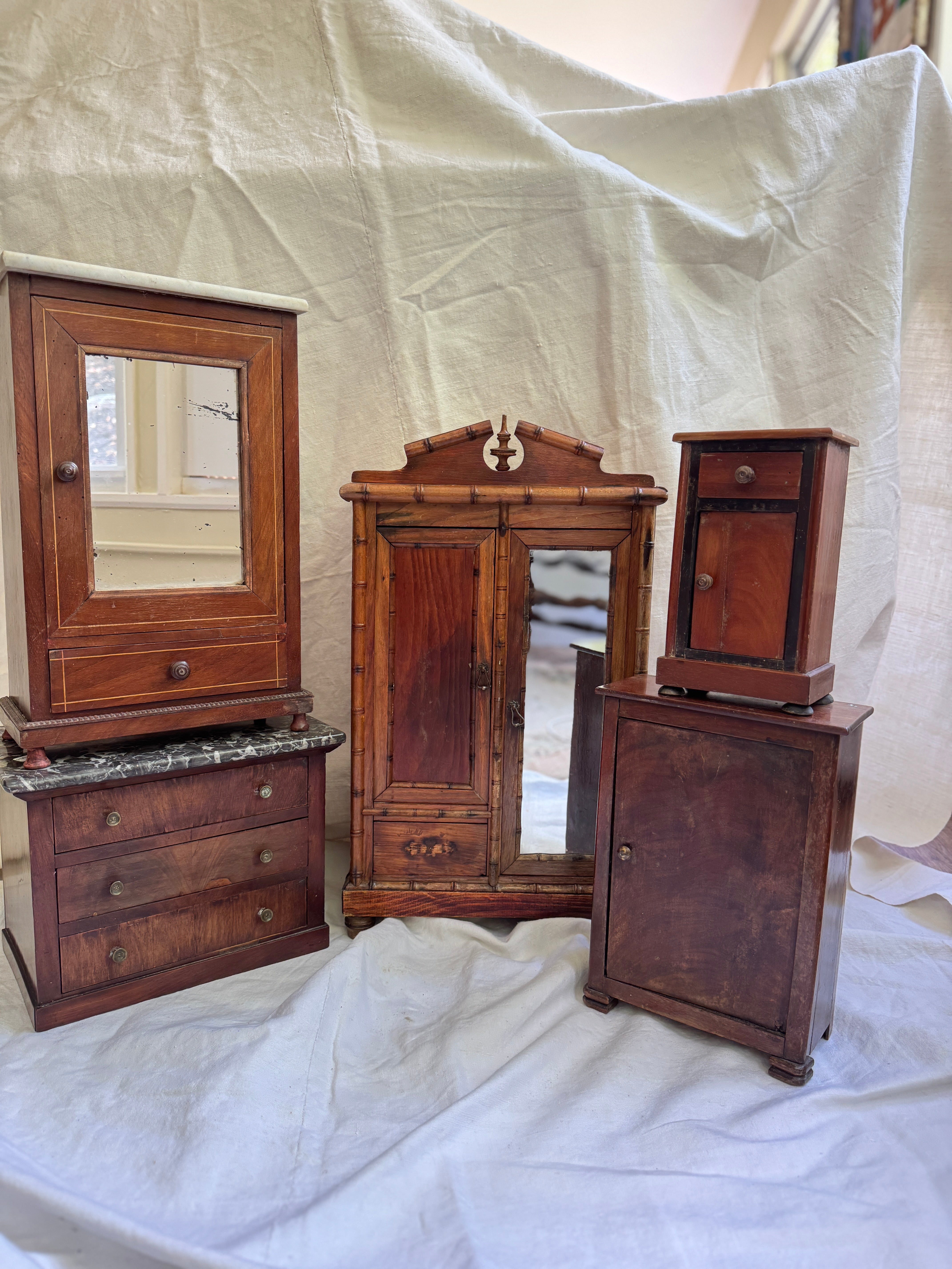 Antique French Miniature Marquetry Wardrobe with Marble Top