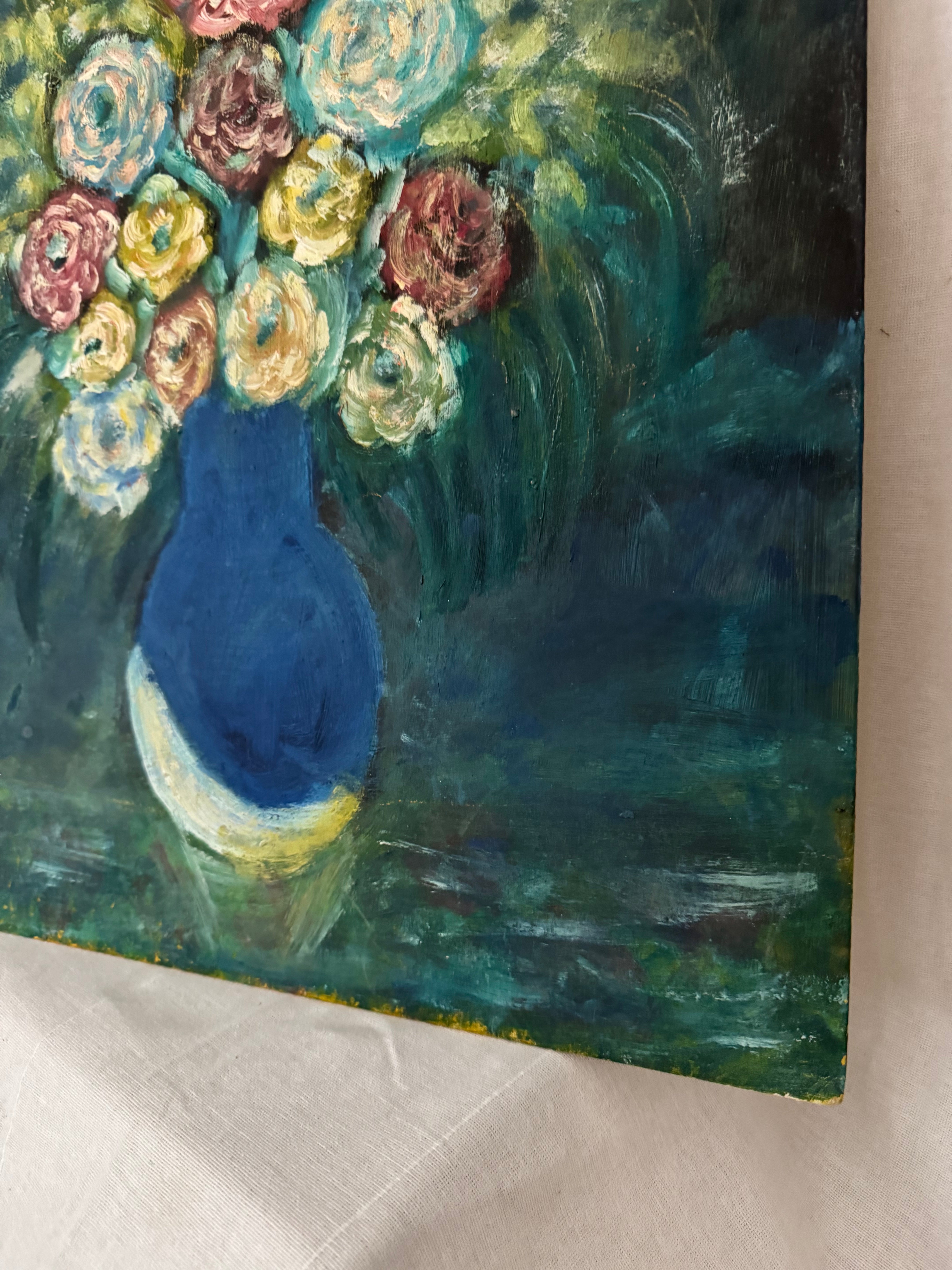 Oil Painting of Flowers in a Blue Vase